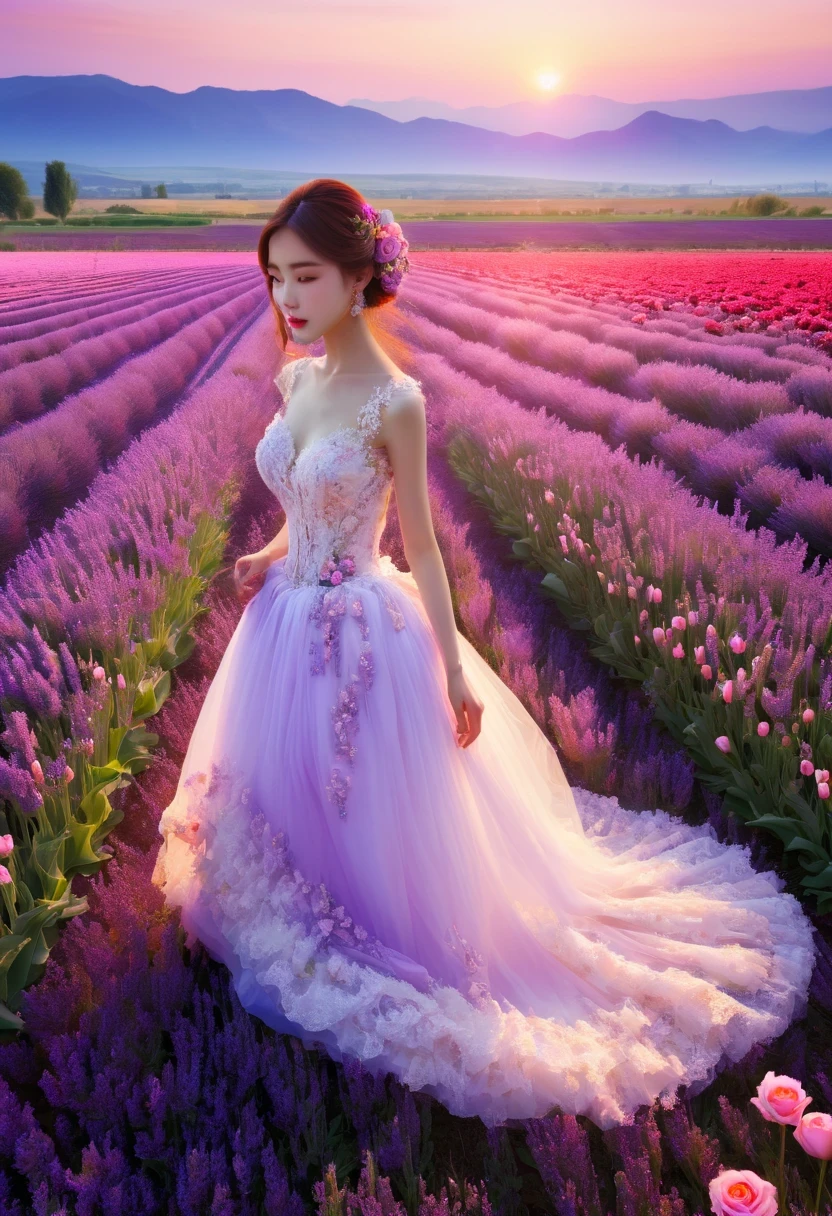 (best quality,4k,8k,high resolution,masterpiece:1.2),Super detailed,actual,lavender field,Dreamy,tulip,Rose,A girl in a wedding dress,Romantic,bright colors,soft light