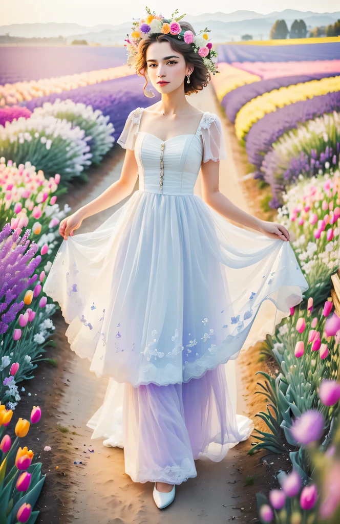 (best quality,4k,8k,high resolution,masterpiece:1.2),Super detailed,actual,lavender field,Dreamy,tulip,Rose,A girl in a wedding dress,Romantic,bright colors,soft light