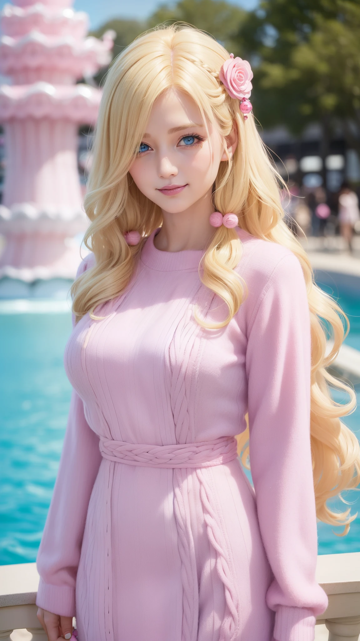 Female((35year old)), hair((wavy, blonde)), eyes((smart eyes, blue eyes)), clothes((wool, pink, pink)), accessories ((hair ornaments)), big , korean make-up look, smiling, amusement park, fountain,