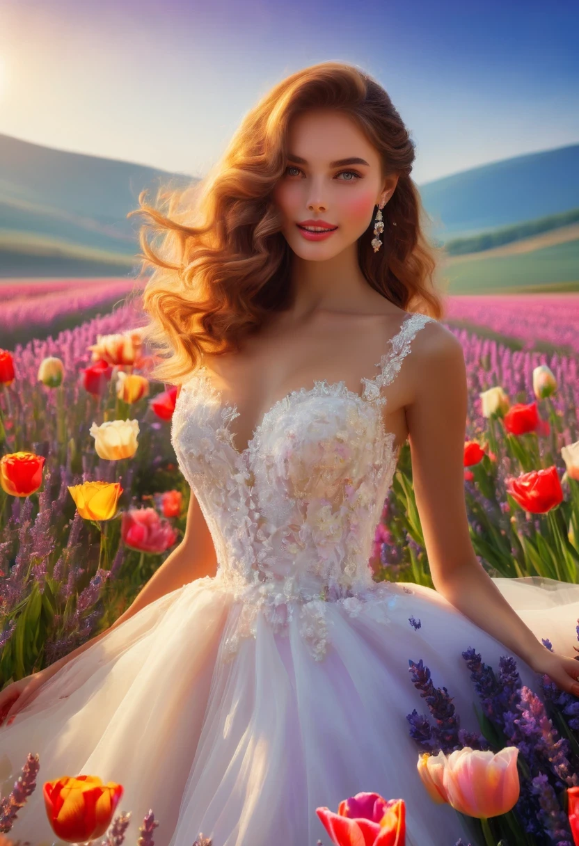 (best quality,4k,8k,high resolution,masterpiece:1.2),Super detailed,(actual,photoactual,photo-actual:1.37),Colorful flower field,Beautiful girl in wedding dress, dreamy atmosphere, sweet and happy, soft sunshine, bright colors, Peaceful and peaceful, happy expression, romantic environment,Lavender，tulip，Rose