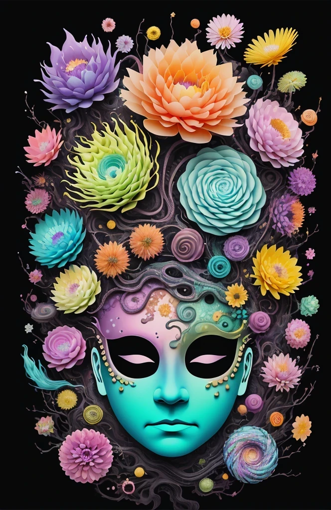 3d mask with various ordinary objects on it,spiky blonde hair,texture, complicated, Dreams bloom like flowers，ayahuasca，old tree，bubble，small fish，Gorgeous, shadow, pastel colors, 3d, mask, Very detailed, Deco, tim burton, salvador dali, Cheng Xiaolong, Cyril Rolando, inspired by J. d. lasso, 3d stereoscopic，pop color style, Portrait photo surrounded by orbiting planetary satellites, green hair spiky hair, make me jealous, Mark Leyden, Alberto Seveso, creek shade, Anna Dietman, Flora Bossi, 8k resolution, perfect composition, Milky Way, rainbow colors, flying insects, scales, wing, blue, texture, complicated, Gorgeous, shadow, pastel colors,mask， 3d, Very detailed, Deco, tim burton, Dale Chihuly, Xiaolongcheng, Cyril Rolando, by J. Jitter，flower sky，artwork，display stand，sculpture，Craftsmanship，artwork，