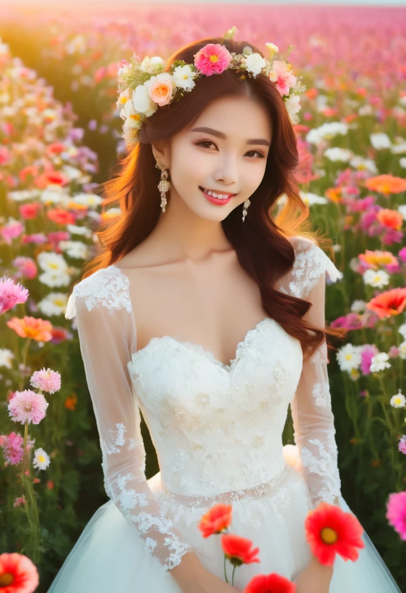 Flower field scene,  (girl:1.3), Put on a wedding dress,Dream，Sweet，happiness