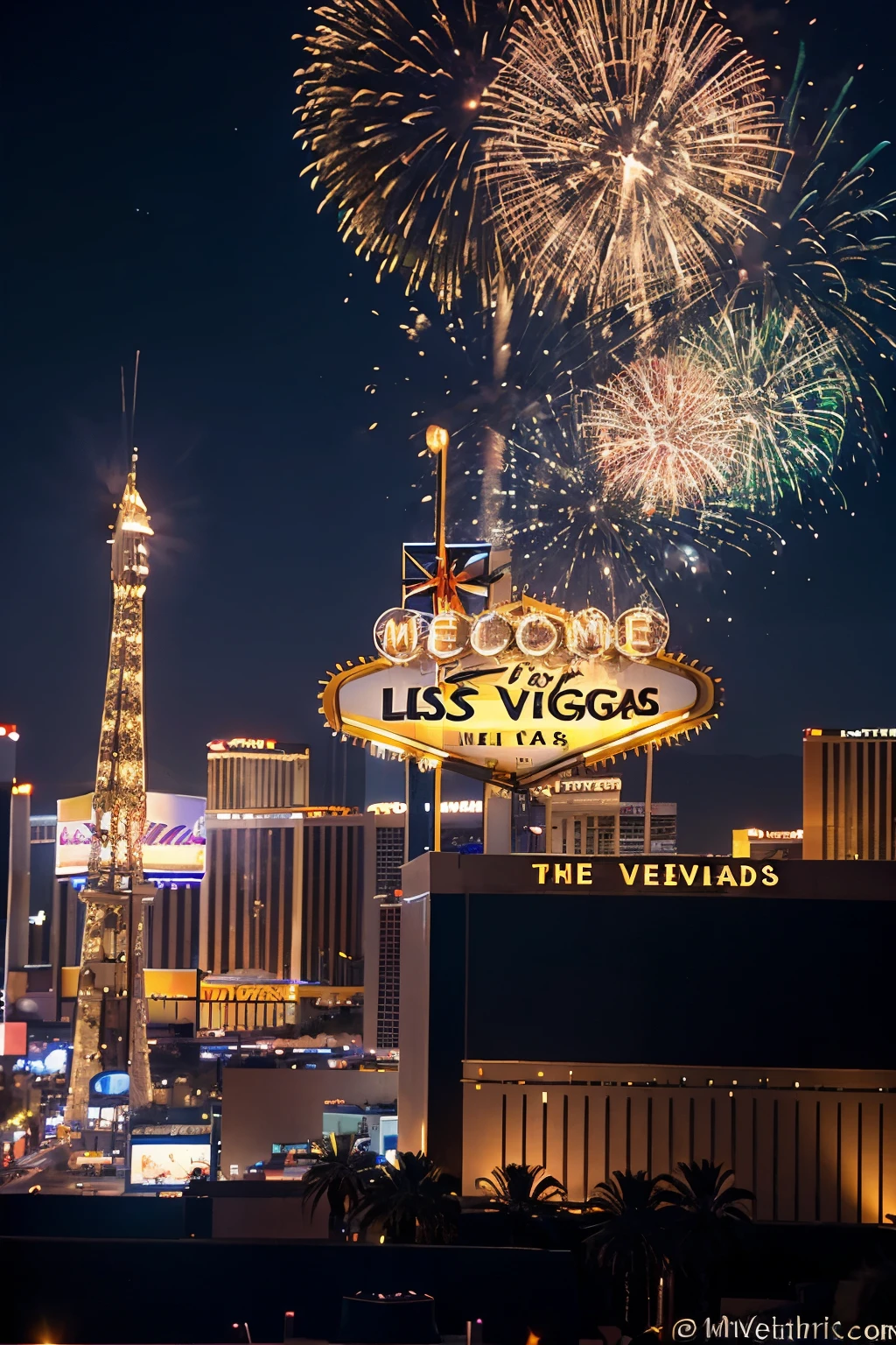 evening las vegas after sunset. main sign las vegas. city behind.bright fireworks. the camera is aimed at the to fabulous las vegas nevada. in the middle of the billboard to fabulous las vegas nevada