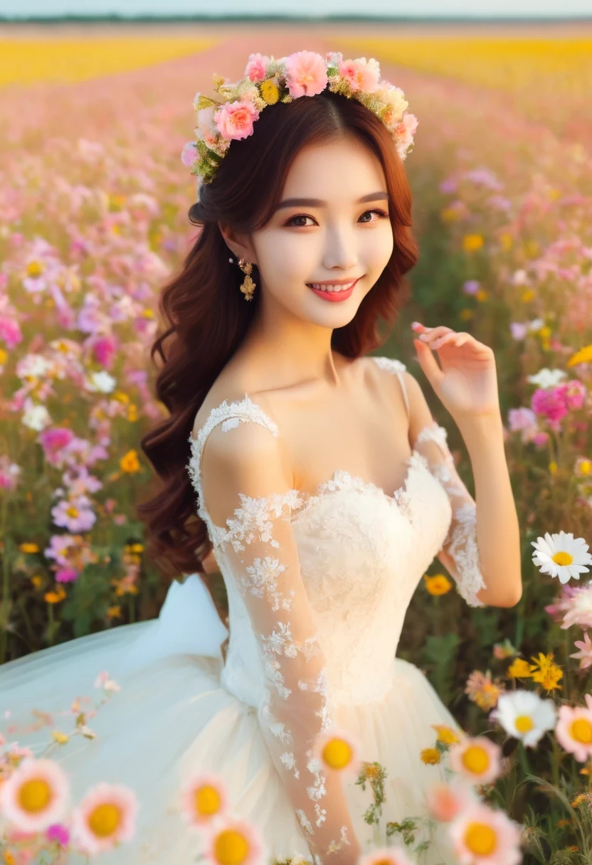 Flower field scene,  (girl:1.3), Put on a wedding dress,Dream，Sweet，happiness