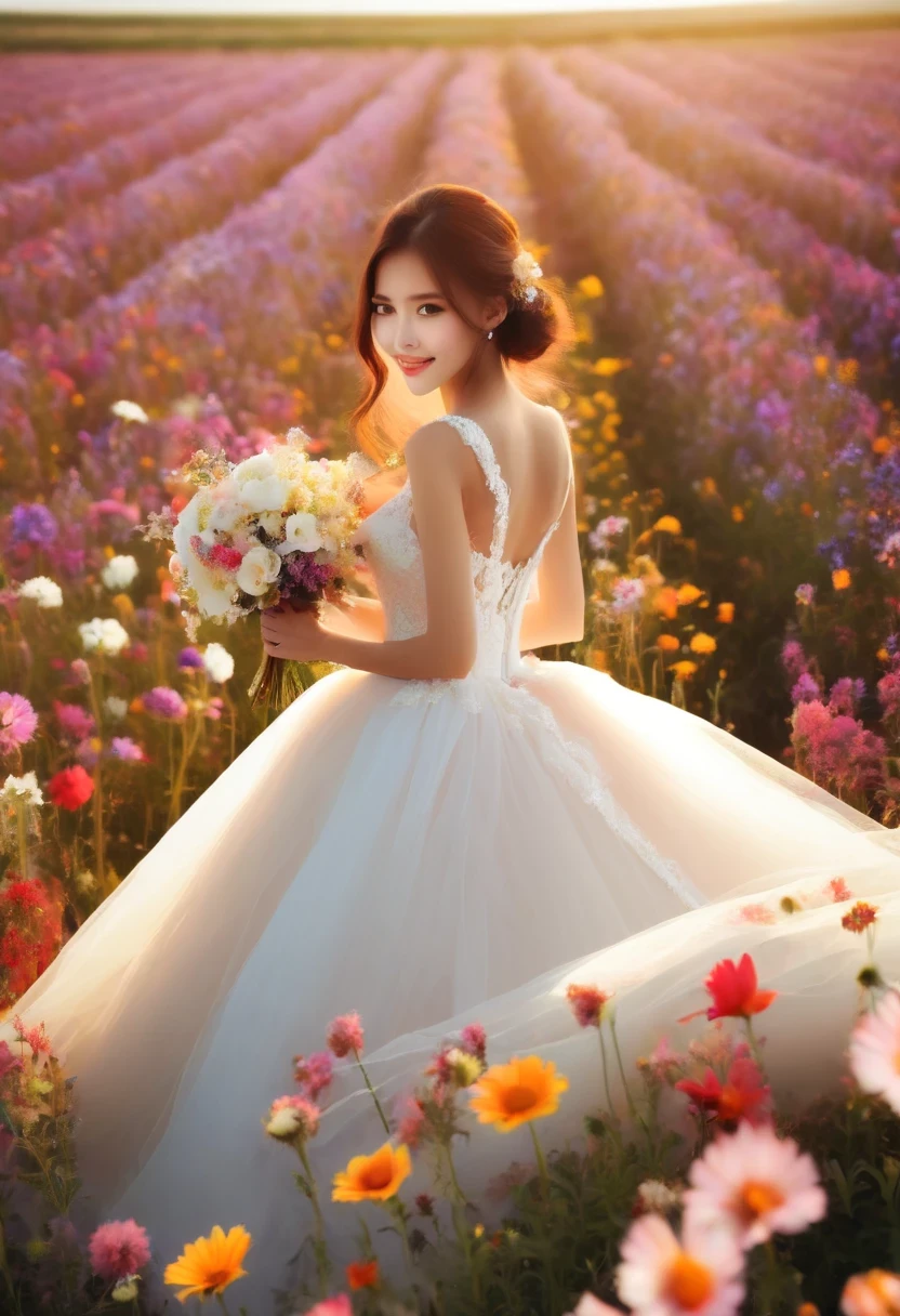 Flower field scene, (girl:1.3), Put on a wedding dress,Dream,Sweet,happiness