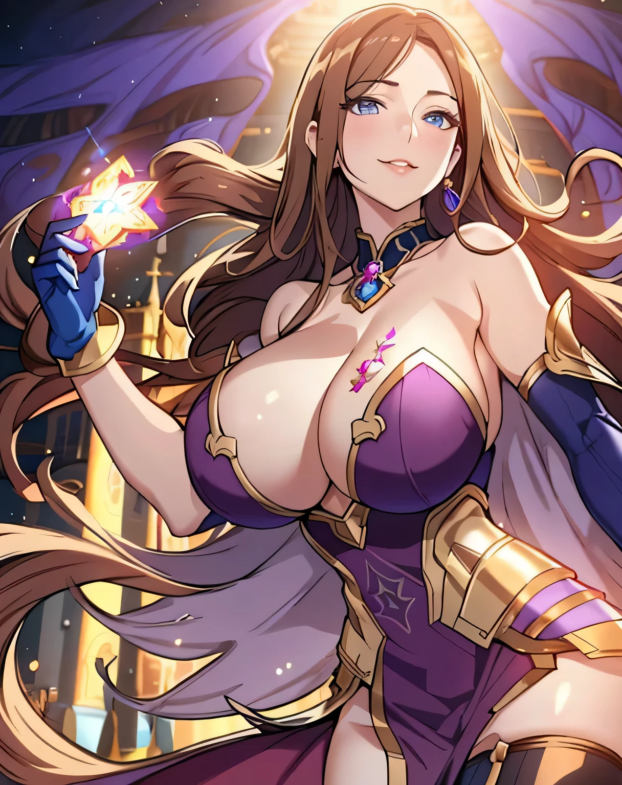 Lian, light brown hair, hair stick, bangs, blue eyes, solo, smiling, standing, upper body, hips, bare shoulders,purple thighhighs, violet dress, gold jewelry,armor,gloves,circlet, cleavage, red and gold royal castle, gigantic breasts, (best quality, masterpiece, beautiful and aesthetic:1.2, highest detailed face, perfect face,) eyes, perfect face,expressive eyes,
looking at viewer, in the center of the image,(Upper_body),(Focus on her face),
official art,extremely detailed CG unity 8k wallpaper, perfect lighting,Colorful, Bright_Front_face_Lighting,shiny skin,
(masterpiece:1.0),(best_quality:1.0), ultra high res,4K,ultra-detailed