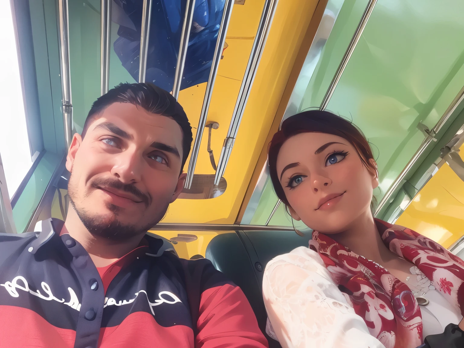 A red-haired, blue-eyed woman stands hugging a red-haired, blue-eyed man (High quality masterpiece, best quality 4k...: 1.2) Very detailed. (Realistic:1.37) Smiling, a masterpiece of art in the event, looking directly at the camera..