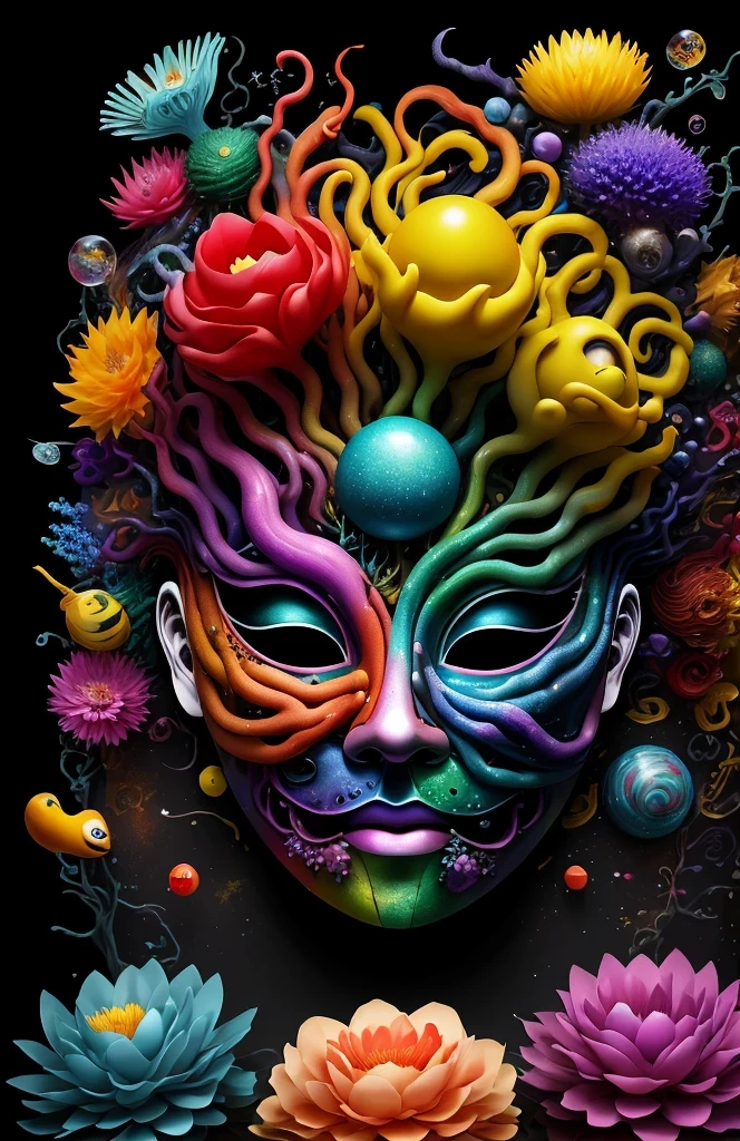 3d mask with various ordinary objects on it,spiky blonde hair,texture, complicated, Dreams bloom like flowers，ayahuasca，old tree，bubble，small fish，Gorgeous, shadow, pastel colors, 3d, mask, Very detailed, Deco, tim burton, salvador dali, Cheng Xiaolong, Cyril Rolando, inspired by J. d. lasso, 3d stereoscopic，pop color style, Portrait photo surrounded by orbiting planetary satellites, green hair spiky hair, make me jealous, Mark Leyden, Alberto Seveso, creek shade, Anna Dietman, Flora Bossi, 8k resolution, perfect composition, Milky Way, rainbow colors, flying insects, scales, wing, blue, texture, complicated, Gorgeous, shadow, pastel colors,mask， 3d, Very detailed, Deco, tim burton, Dale Chihuly, Xiaolongcheng, Cyril Rolando, by J. Jitter，flower sky，artwork，display stand，sculpture，Craftsmanship，artwork，