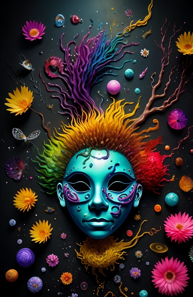 3d mask with various ordinary objects on it,spiky blonde hair,texture, complicated, Dreams bloom like flowers，ayahuasca，old tree，bubble，small fish，Gorgeous, shadow, pastel colors, 3d, mask, Very detailed, Deco, tim burton, salvador dali, Cheng Xiaolong, Cyril Rolando, inspired by J. d. lasso, 3d stereoscopic，pop color style, Portrait photo surrounded by orbiting planetary satellites, green hair spiky hair, make me jealous, Mark Leyden, Alberto Seveso, creek shade, Anna Dietman, Flora Bossi, 8k resolution, perfect composition, Milky Way, rainbow colors, flying insects, scales, wing, blue, texture, complicated, Gorgeous, shadow, pastel colors,mask， 3d, Very detailed, Deco, tim burton, Dale Chihuly, Xiaolongcheng, Cyril Rolando, by J. Jitter，flower sky，artwork，display stand，sculpture，Craftsmanship，artwork，