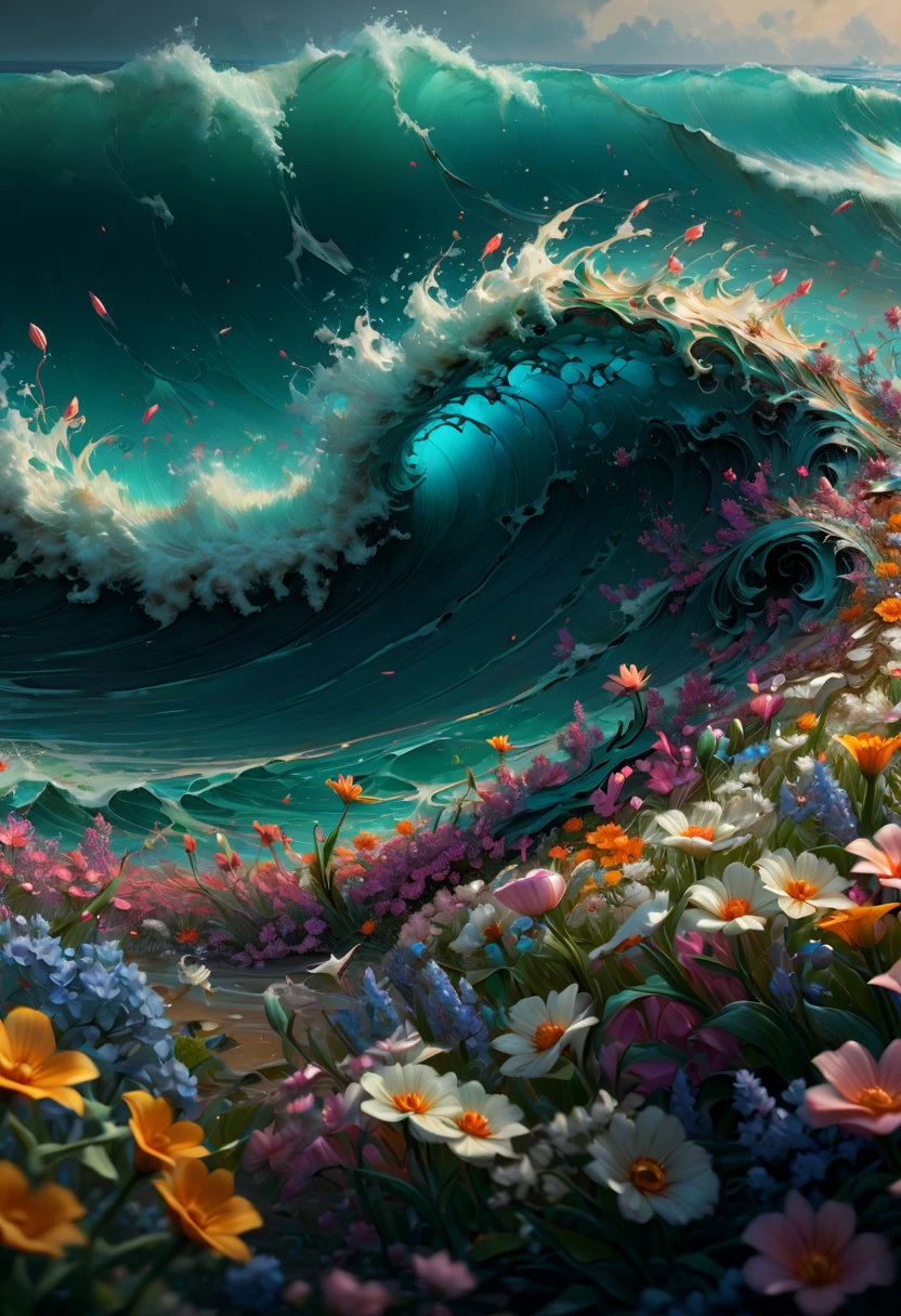 sea of flowers, by Richard Scarry, (best quality, masterpiece, Representative work, official art, Professional, Ultra intricate detailed, 8k:1.3)