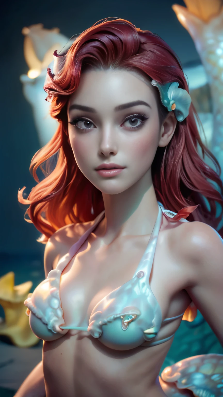 photo of young age celebrity, RAW, beautiful woman, ((portrait)), ((detailed face:1.2)), ((detailed facial feature, detailed skin, clear skin), (perfect proportioned body, big breasts), (little mermaid style sea shell bikini:1.5)), (high detailed tropical waterfall), swimming in a pool, (realistic photo, best quality, detailed), (8k wallpaper), (cinematic lighting, dramatic lighting) (sharp focus, intricate)