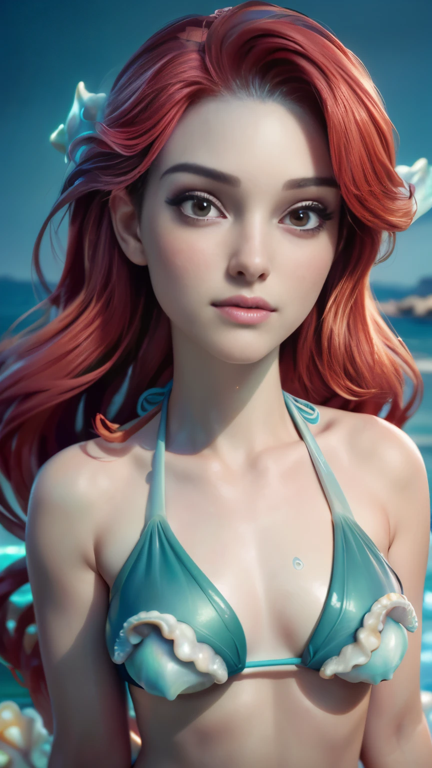 photo of young age celebrity, RAW, beautiful woman, ((portrait)), ((detailed face:1.2)), ((detailed facial feature, detailed skin, clear skin), (perfect proportioned body, big breasts), (little mermaid style sea shell bikini:1.5)), (high detailed tropical waterfall), swimming in a pool, (realistic photo, best quality, detailed), (8k wallpaper), (cinematic lighting, dramatic lighting) (sharp focus, intricate)