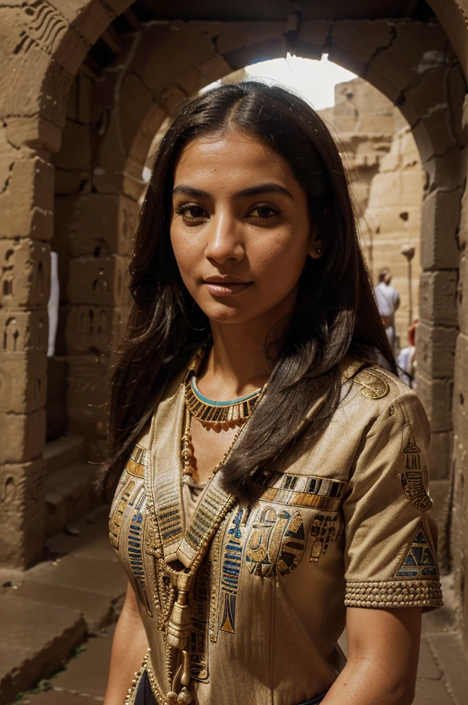 (best quality, highres), woman, walking through an archway, ancient street in Egypt, (((detailed Egyptian clotheasterpiece, closeup, depth of field, outdoor lighting))), pretty face