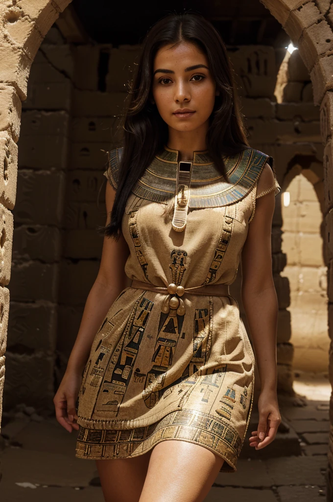 (best quality, highres), woman, walking through an archway, ancient street in Egypt, (((detailed Egyptian clotheasterpiece, closeup, depth of field, outdoor lighting))), pretty face