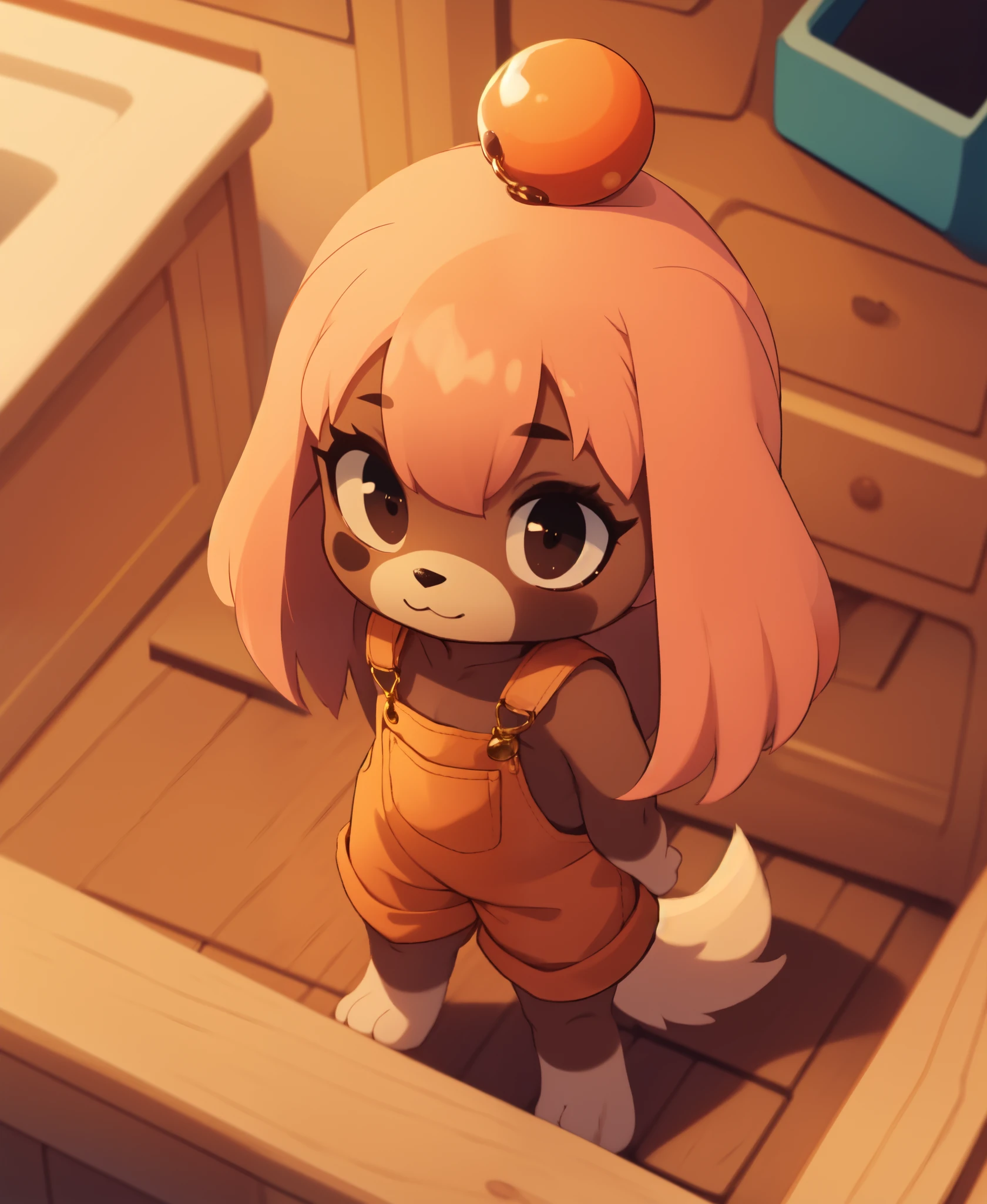 From above, lilotte , 1 puppy girl l , orange overalls  ,brown skin,  ,Ornament , pink hair , furry , , tail ,mole, mole on the eye , Straight hair , shorts