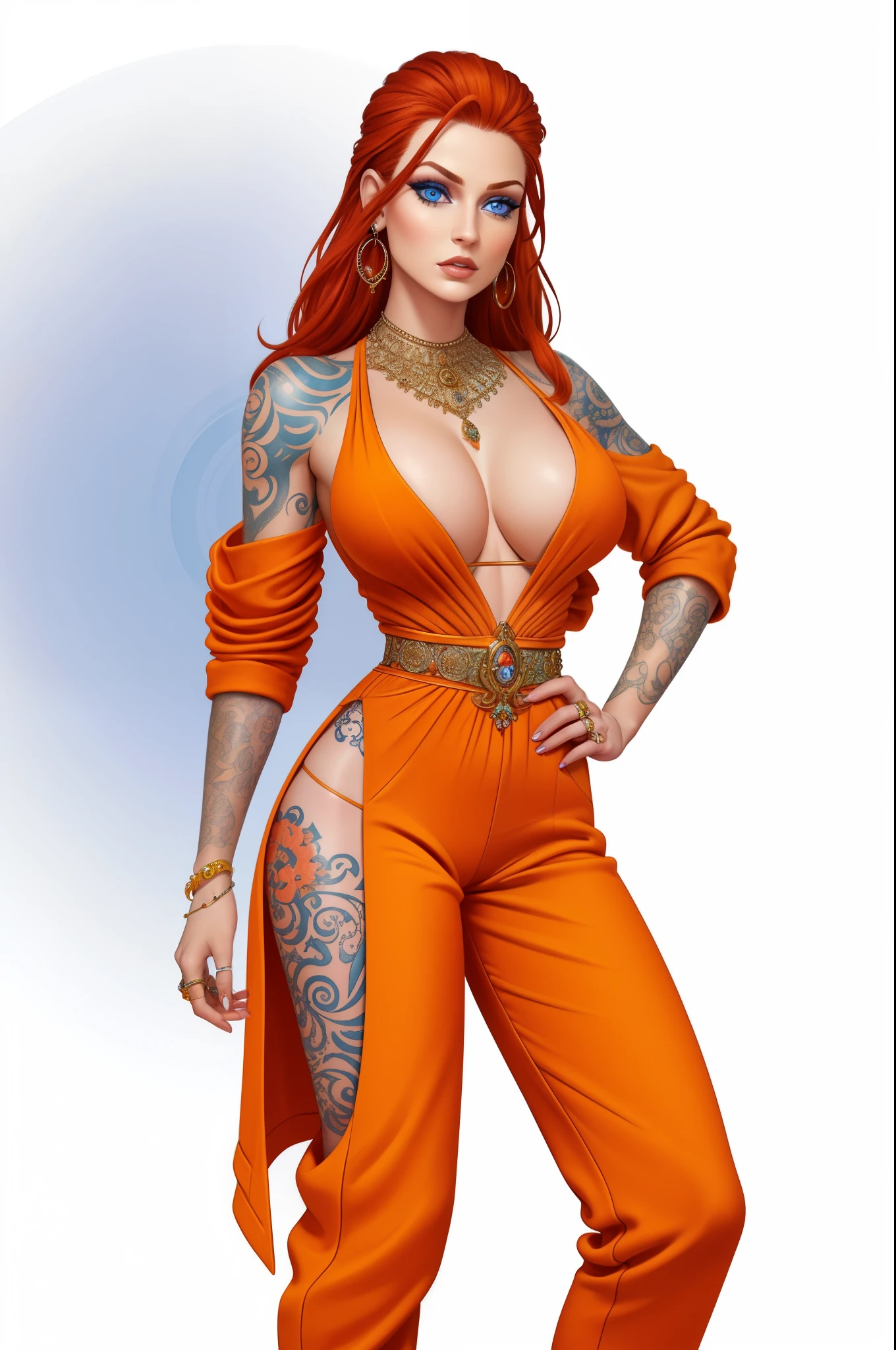 nose piercing, standing,  jewelry, orange jumpsuit (insanely detailed, beautiful detailed face, masterpiece, best quality), cleavage, piercing blue eyes, full body shot, blank background, white background, red hair, elaborate tattoos