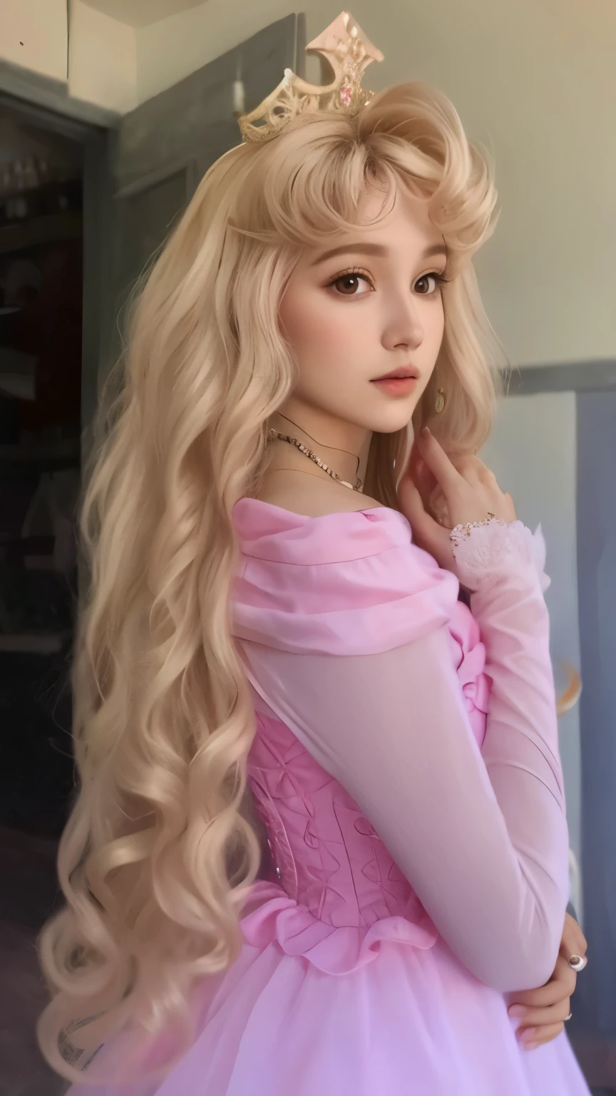 un primer plano de una mujer con un vestido rosa y cabello largo y rubio, princesa de pelo rubio, Cabello rubio rizado | d & d, Rapunzel, long Cabello rubio rizado, con pelo largo y rubio, glorioso cabello largo y rubio, Cabello rubio largo y adornado, pelo rubio largo y rizado, Princesa hermosa, pelo largo y rosa que fluye, con cabello rubio muy largo