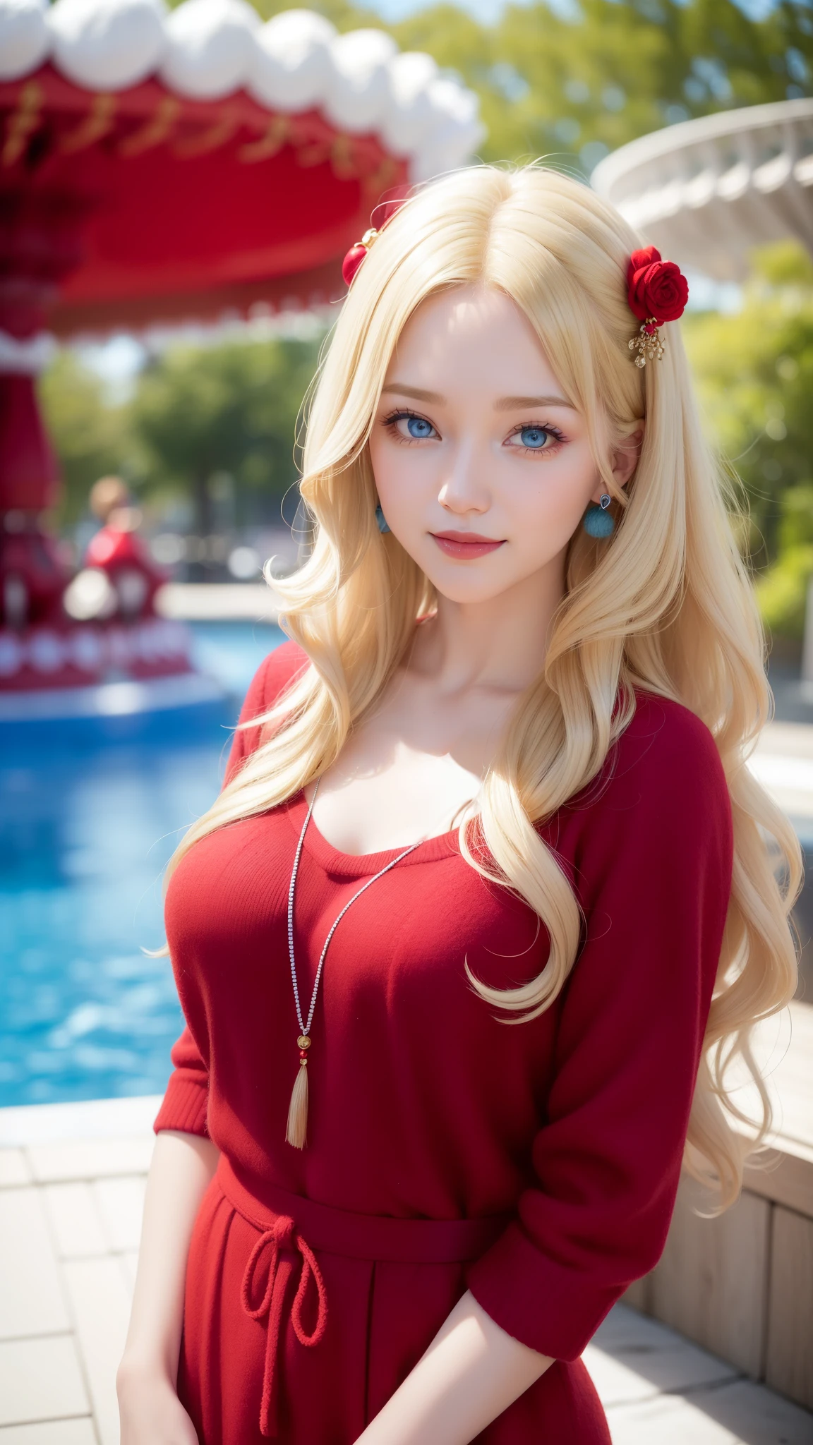 bedroom background,  Full Open, Female((35year old)), hair((wavy, blonde)), eyes((smart eyes, blue eyes)), clothes((wool, red, red)), accessories ((hair ornaments)), big , korean make-up look, smiling, amusement park, fountain,