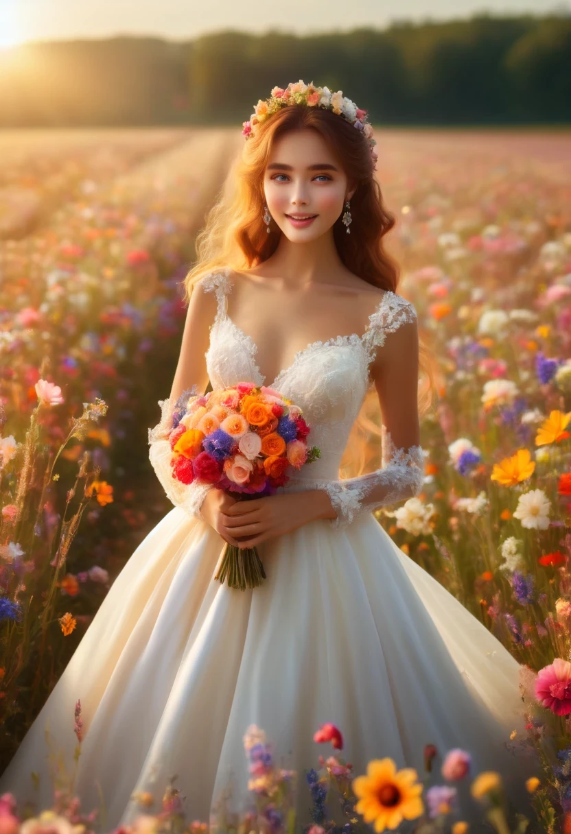 (best quality,4k,8k,high resolution,masterpiece:1.2),Super detailed,(actual,photoactual,photo-actual:1.37),Colorful flower field,Beautiful girl in wedding dress, dreamy atmosphere, sweet and happy, soft sunshine, bright colors, Peaceful and peaceful, happy expression, romantic environment