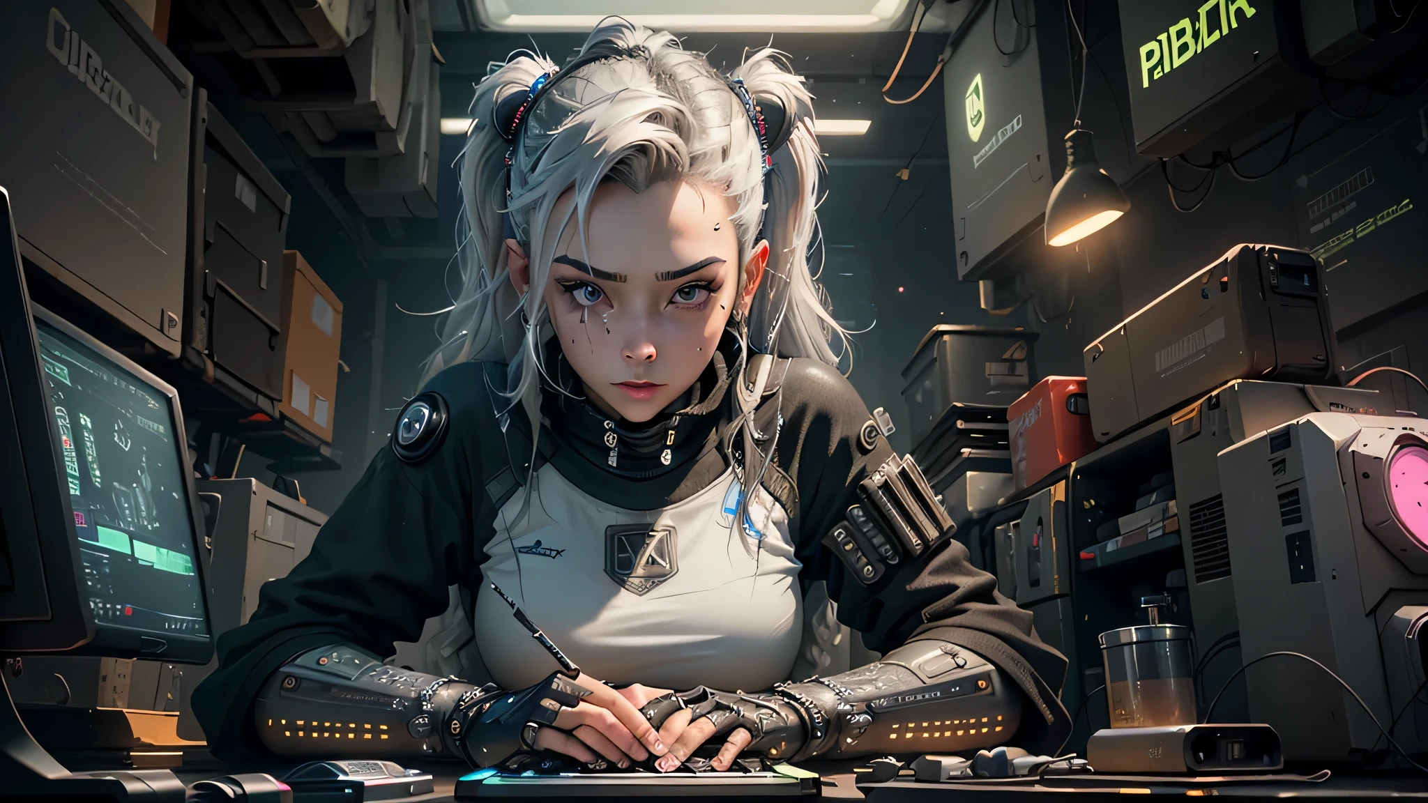 ((Best quality)), ((Masterpiece)), (very detailed:1.3), 3d, Beautiful (cyberpunk:1.3) female hacker with flowing gray hair and black eyes, working at a computer terminal, computer servers, LCD screen, fiber optic cables, corporate logos,HDR (High dynamic range),ray tracing,NVIDIA RUT,Super resolution,Unreal 5,subsurface scattering,PBR-текстурирование,Post-processing,Anisotropic filtering,depth of field,maximum clarity and sharpness,Multilayer textures,Albedo and specularity maps,Surface Shading,Accurately simulate the interaction of light and material,perfect proportions,octane number,two-color lighting,Low ISO,White balance,Rule of thirds,wide aperture,8К RAW,Effective subpixel,subpixel convolution,luminescent particles,