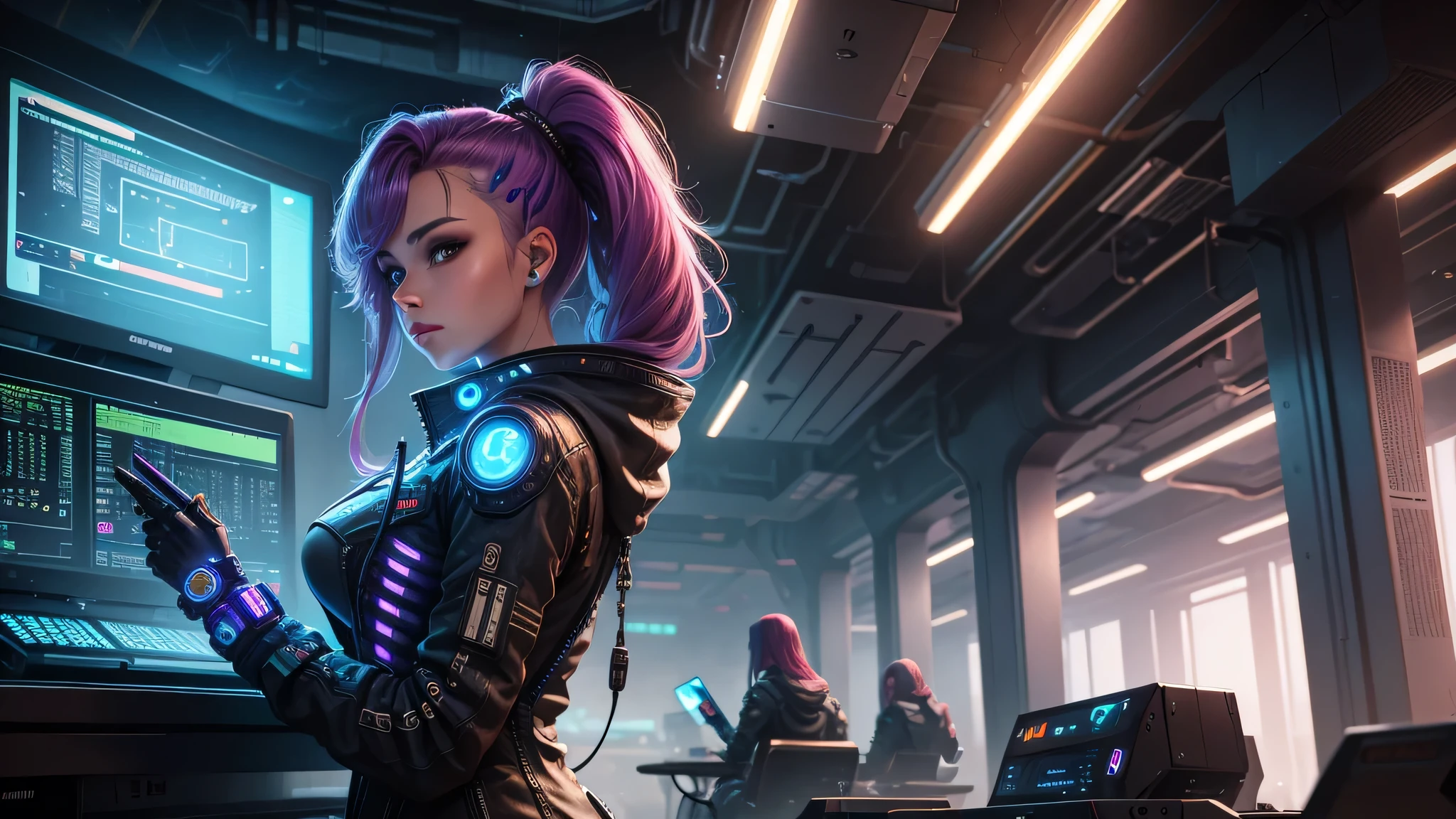 Young woman, cybernetic hair, connected to a cyberpunk supercomputer, overlooking the city in steampunk style, access to a super-performing system called the Genius ecosystem  