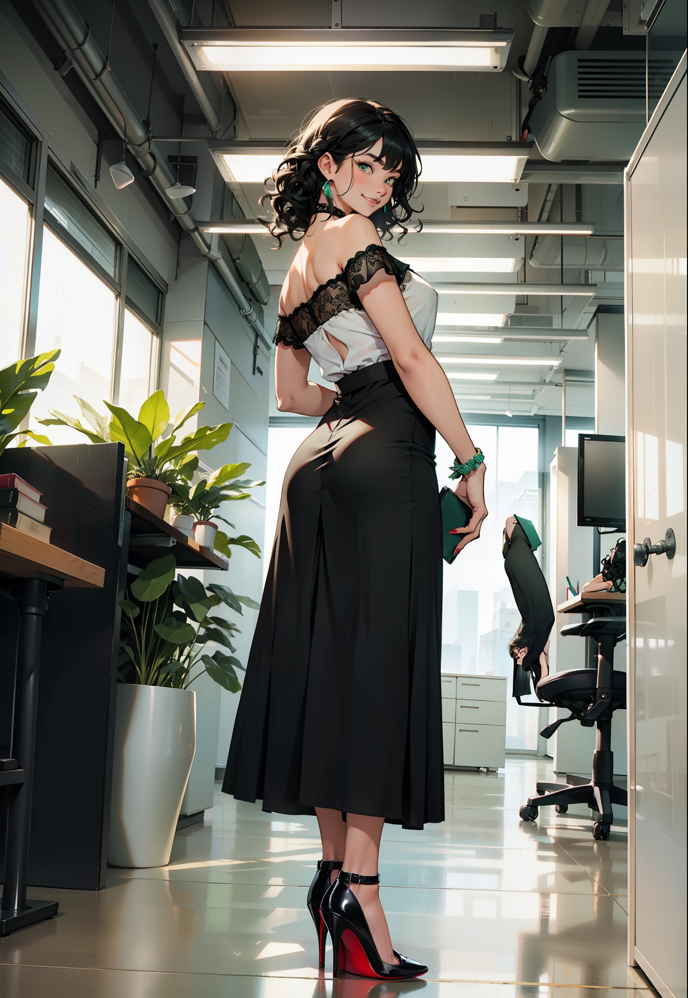 1lady、Full body, Standing、solo、The upper part of the body、rcasual、Natural Fabric、Lace maxi Skirt、elbow height black curly hair、Louboutin high heels、Green eyes、Smile、From Behind 、(modern office indoors/) 、