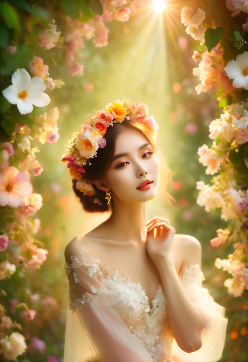 Girl in wedding dress,blooming flowers,colorful petals,Sunlight shines through leaves,golden age,breeze,ethereal atmosphere(vivid:1.1),Dream的背景,natural beauty(Lush green plants:1.2),Twinkling dewdrops,Soft sunlight shines through the gaps in the leaves,Fairytale like Scene,Romantic and charming(Dream:1.1),bokeh effect,vivid而饱和的色彩,Natural and organic(flowers:1.1),Headdress decorated with delicate flowers(Ornate headdress:1.1),elegant gesture(calm pose:1.1),Calm expression,Quiet environment,柔和而Dream的灯光(subtle lighting:1.1),beautiful crafts,Impeccable details(super detailed:1.1),High resolution artwork(masterpiece:1.2),Perfect moment,natural tranquility,fantasy garden,Feminine and sophisticated(Lovely:1.2)。