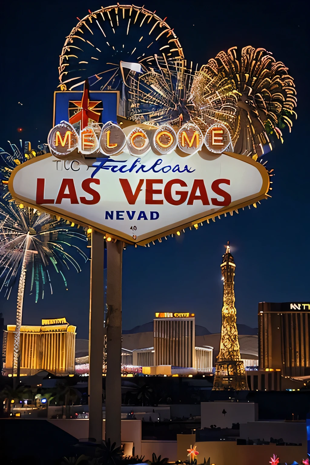 evening Las Vegas after sunset. Las Vegas main sign. The city behind.bright fireworks. The camera is aimed at fabulous Las Vegas, Nevada. in the middle of a billboard in fabulous Las Vegas, Nevada