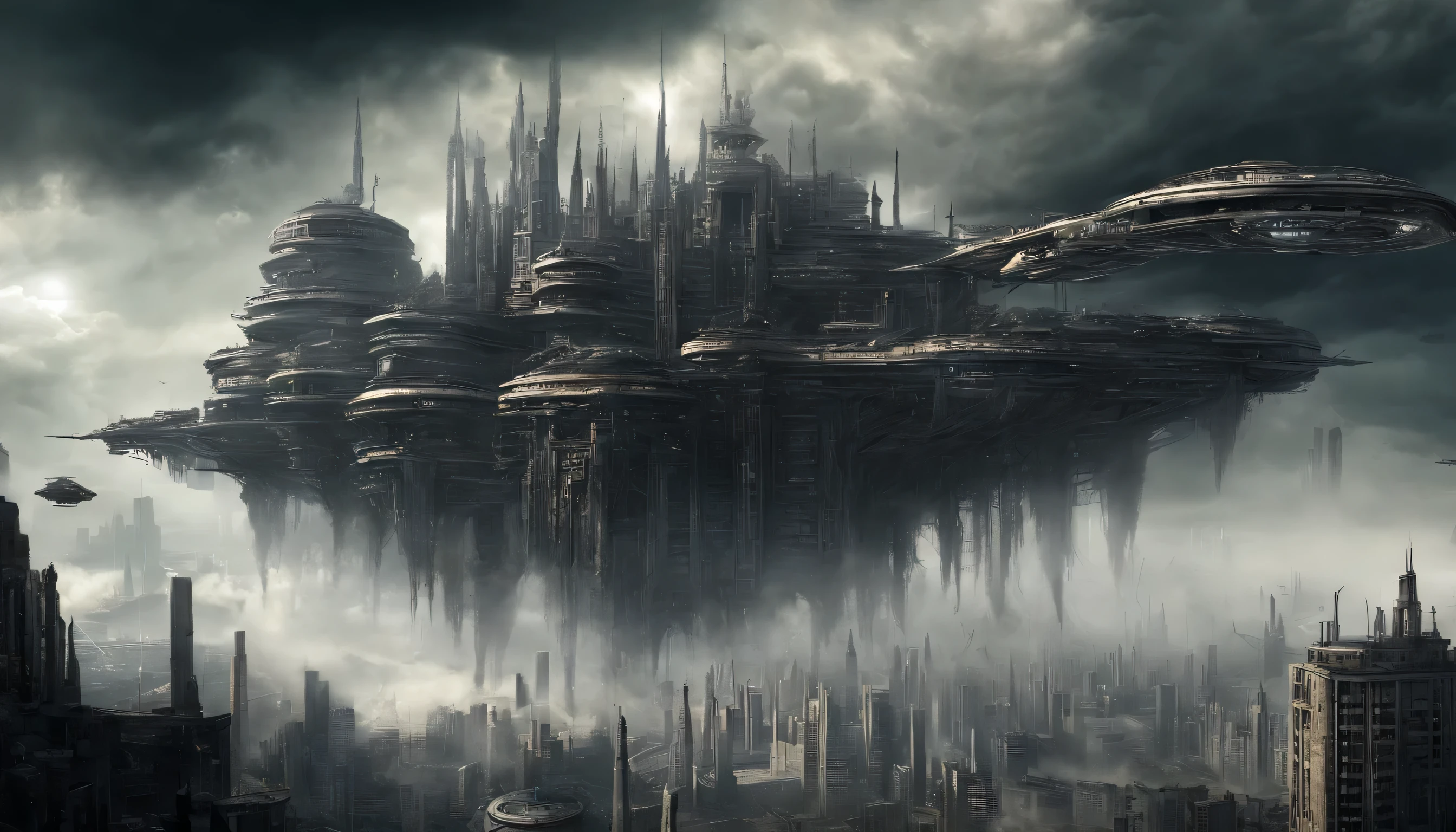 (scifi art:1.5), sci-fi post-apocalyptic world, (flying city:1.7), there is a white flying castle on it, (huge mechanisms spew clouds of smoke:1.3), Panoramic view, clouds of smoke, thundercloud), (Bright colors:1.6)