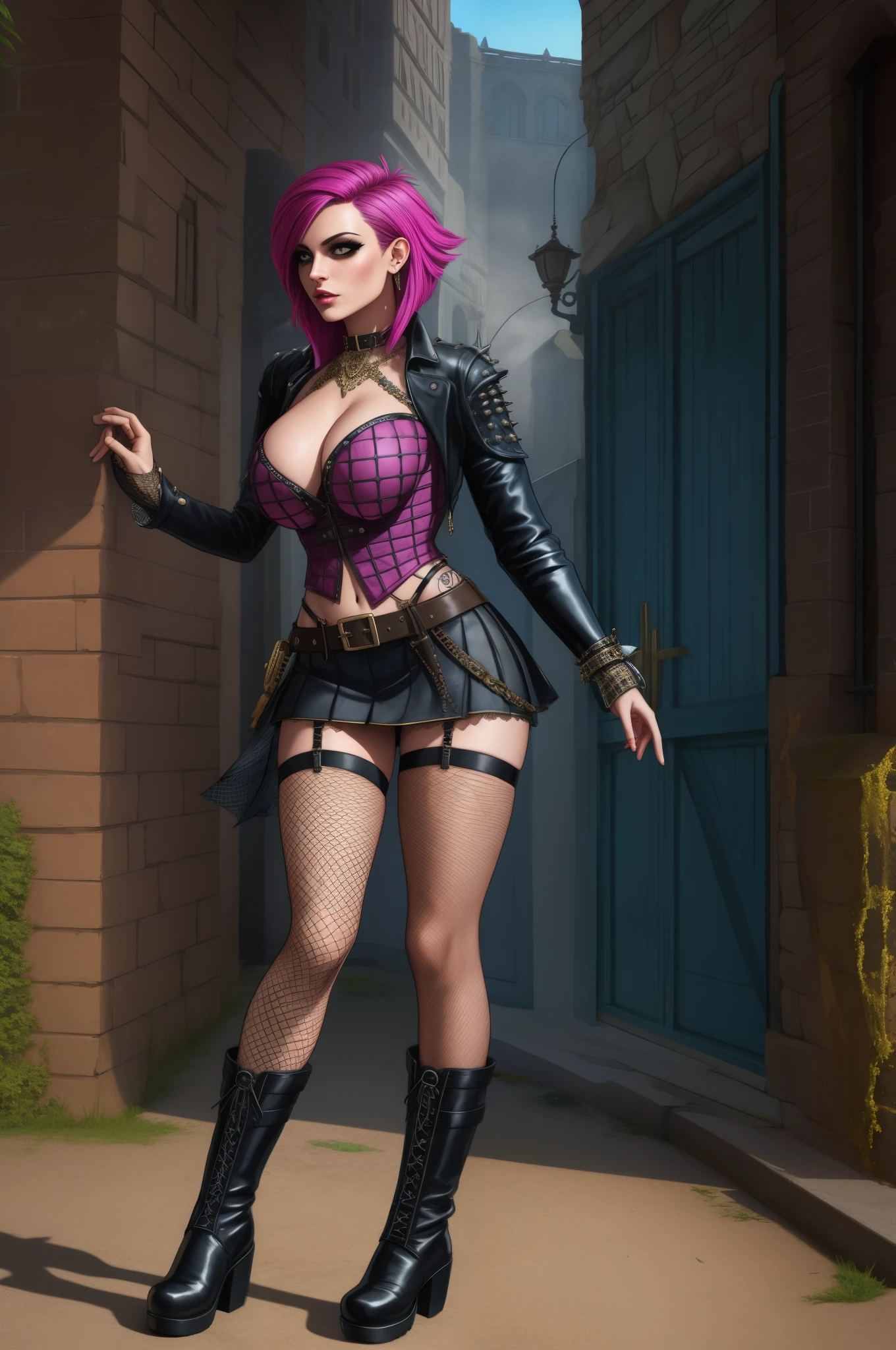 punk sorceress, standing, boots, fishnet stockings, mini skirt