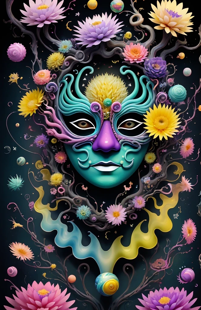 3d mask with various ordinary objects on it,spiky blonde hair,texture, complicated, Dreams bloom like flowers，ayahuasca，old tree，bubble，small fish，Gorgeous, shadow, pastel colors, 3d, mask, Very detailed, Deco, tim burton, salvador dali, Cheng Xiaolong, Cyril Rolando, inspired by J. d. lasso, 3d stereoscopic，pop color style, Portrait photo surrounded by orbiting planetary satellites, green hair spiky hair, make me jealous, Mark Leyden, Alberto Seveso, creek shade, Anna Dietman, Flora Bossi, 8k resolution, perfect composition, Milky Way, rainbow colors, flying insects, scales, wing, blue, texture, complicated, Gorgeous, shadow, pastel colors,mask， 3d, Very detailed, Deco, tim burton, Dale Chihuly, Xiaolongcheng, Cyril Rolando, by J. Jitter，flower sky，artwork，display stand，sculpture，Craftsmanship，artwork，