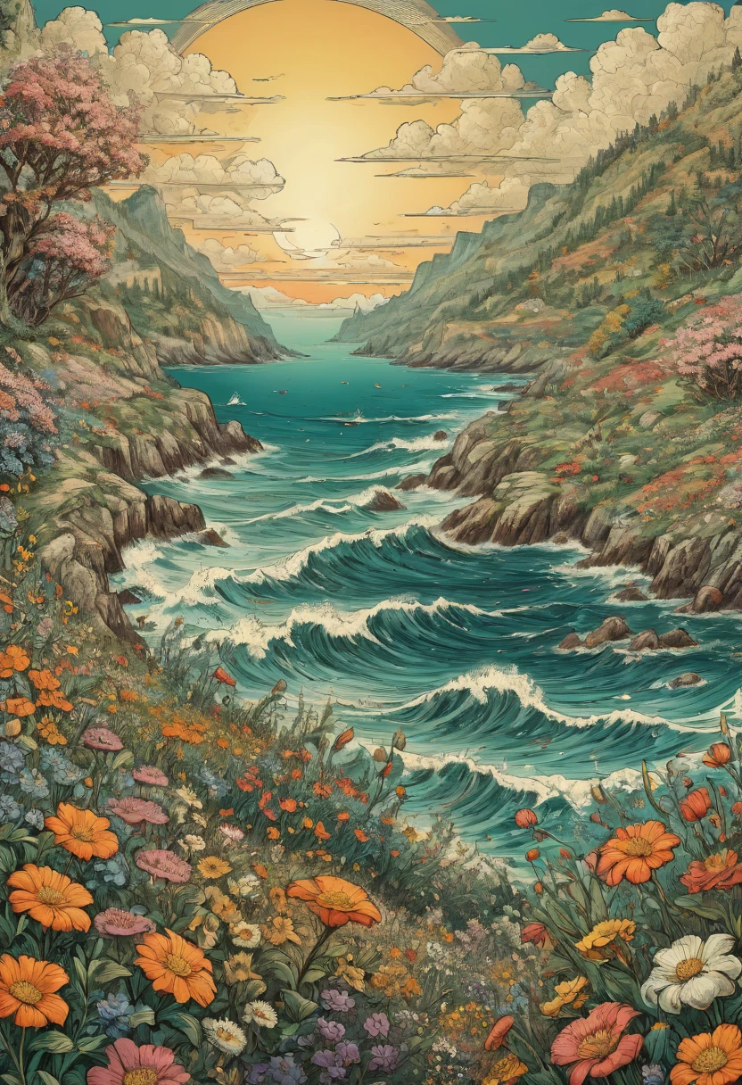 sea of flowers, retro vintage comic style, best quality, masterpiece, Representative work, official art, Professional, Ultra intricate detailed, 8k