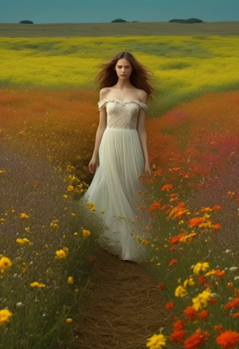 Ridiculous, high resolution, super detailed, (girl:1.3), Put on a wedding dress,(Design flower field scene, With blooming flowers, bright colors, and the feeling of growth and renewal.:1.4),Dream,Sweet,happiness