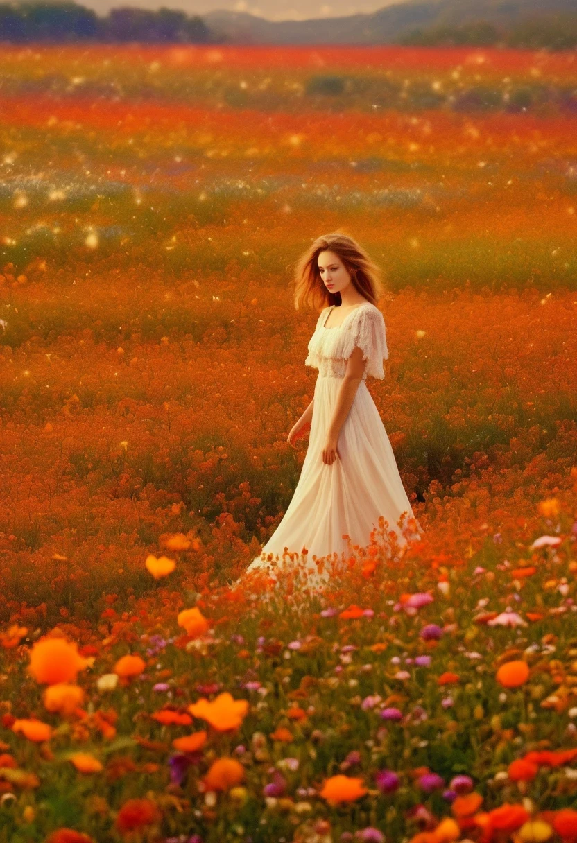 Ridiculous, high resolution, super detailed, (girl:1.3), Put on a wedding dress,(Design flower field scene, With blooming flowers, bright colors, and the feeling of growth and renewal.:1.4)，Dream，Sweet，happiness