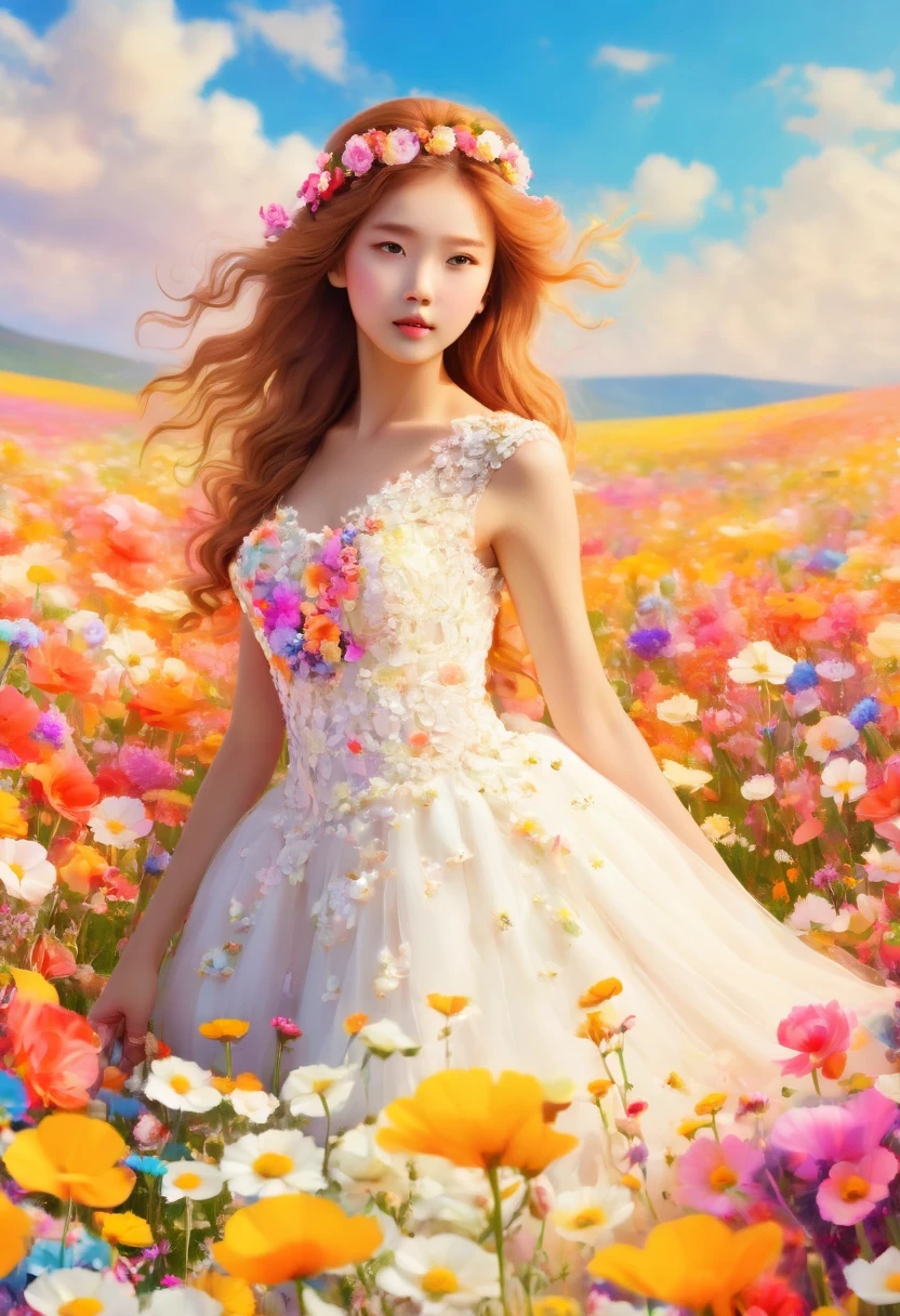 Ridiculous, high resolution, super detailed, (girl:1.3), Put on a wedding dress,(Design flower field scene, With blooming flowers, bright colors, and the feeling of growth and renewal.:1.4),Dream,Sweet,happiness