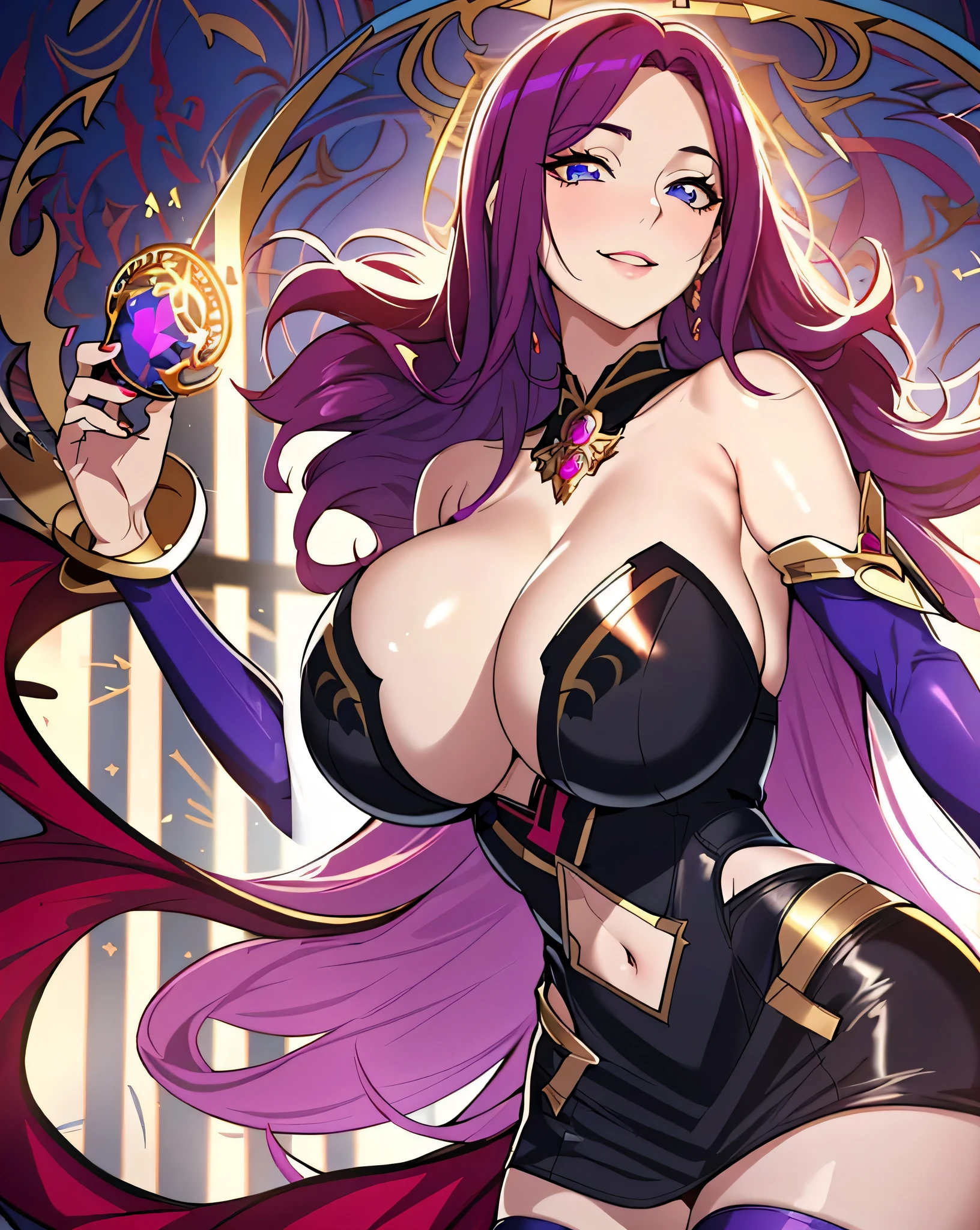 Lian, magenta hair, hair stick, bangs, blue eyes, solo, smiling, standing, upper body, hips, bare shoulders,purple thighhighs, black dress, gold jewelry,armor,gloves,circlet, cleavage, red and gold royal castle, gigantic breasts, (best quality, masterpiece, beautiful and aesthetic:1.2, highest detailed face, perfect face,)  eyes, perfect face,expressive eyes,
looking at viewer, in the center of the image,(Upper_body),(Focus on her face),
official art,extremely detailed CG unity 8k wallpaper, perfect lighting,Colorful, Bright_Front_face_Lighting,shiny skin, 
(masterpiece:1.0),(best_quality:1.0), ultra high res,4K,ultra-detailed
