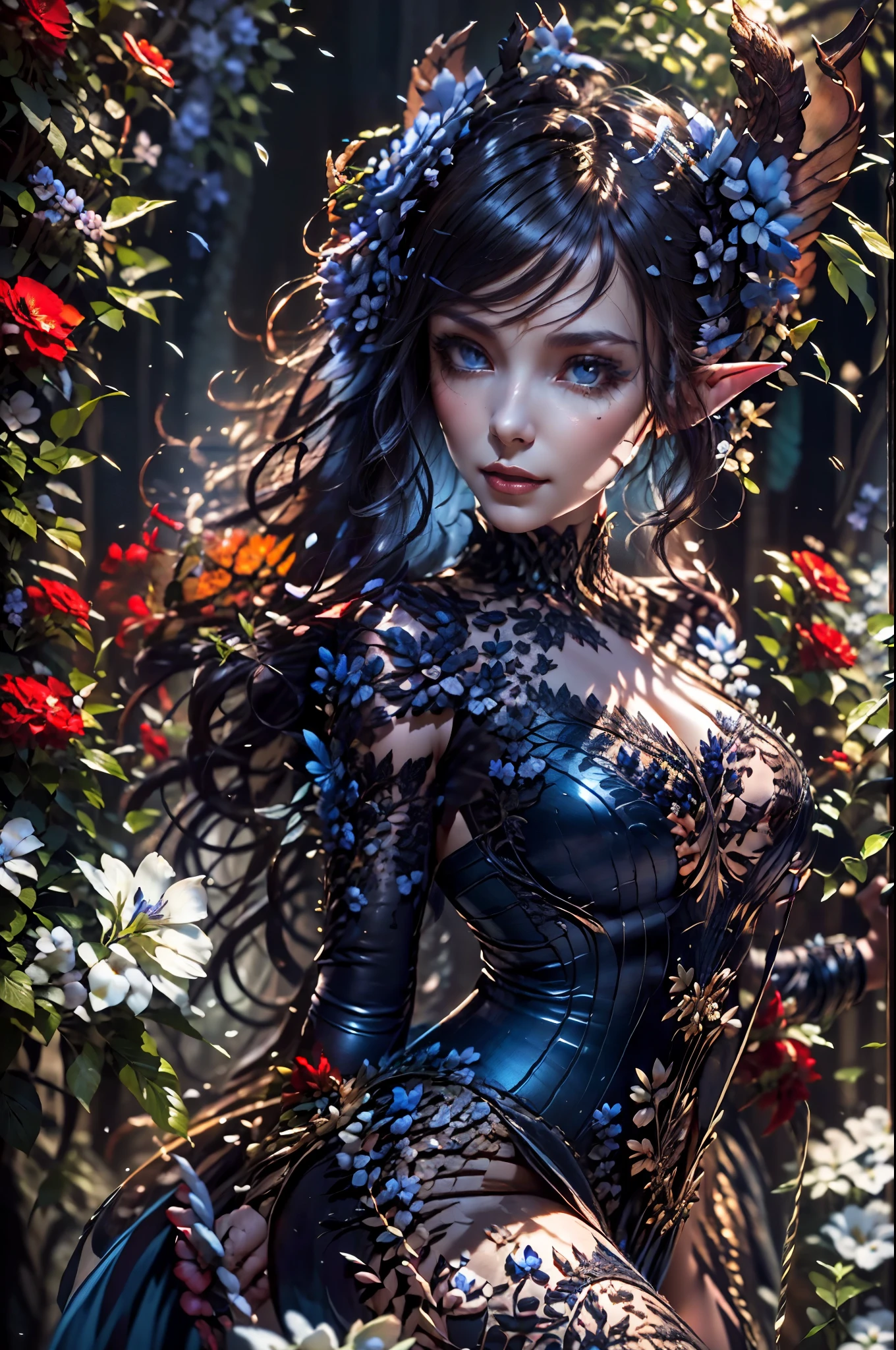 high details, best quality, 16k, RAW, [best detailed], masterpiece, best quality, (extremely detailed), full body, ultra wide shot, photorealistic, dark fantasy art, goth art, RPG art, D&D art, a picture of a dark female fairy resting in a flower meadow, extremely beautiful fairy, ultra feminine (intense details, Masterpiece, best quality), best detailed face (intense details, Masterpiece, best quality), having wide butterfly wings, spread butterfly wings (intense details, Masterpiece, best quality), dark colors wings (intense details, Masterpiece, best quality), black hair, long hair, shinning hair, flowing hair, shy smile, innocent smile, blue eyes, dark red lips, wearing [red] dress latex corset (intense details, Masterpiece, best quality), dynamic elegant shirt, chocker, wearing high heels, in dark colored flower meadow (intense details, Masterpiece, best quality), (red flowers: 1.2) , (black flowers: 1.2), (white flowers: 1.2), (blue flowers: 1.3) [extreme many flowers] (intense details, Masterpiece, best quality), dark colorful flowers (intense details, Masterpiece, best quality), flower shop in a dark goth era street background, dim light, cinematic light, gaslight lamp light, High Detail, Ultra High Quality, High Resolution, 16K Resolution, Ultra HD Pictures, 3D rendering Ultra Realistic, Clear Details, Realistic Detail, Ultra High Definition