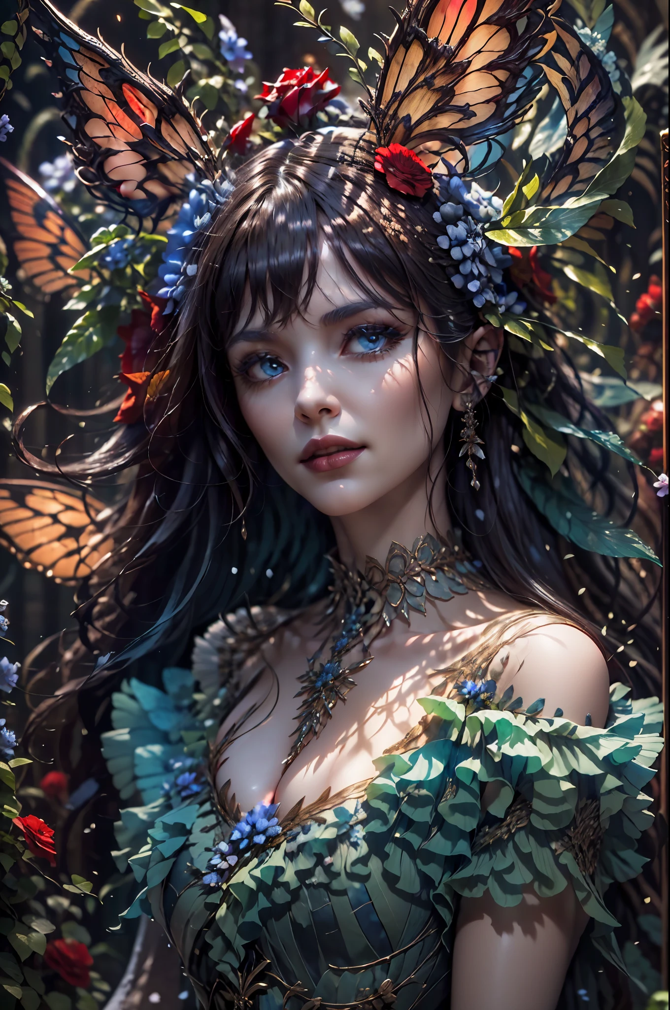 high details, best quality, 16k, RAW, [best detailed], masterpiece, best quality, (extremely detailed), full body, ultra wide shot, photorealistic, dark fantasy art, goth art, RPG art, D&D art, a picture of a dark female fairy resting in a flower meadow, extremely beautiful fairy, ultra feminine (intense details, Masterpiece, best quality), best detailed face (intense details, Masterpiece, best quality), having wide butterfly wings, spread butterfly wings (intense details, Masterpiece, best quality), dark colors wings (intense details, Masterpiece, best quality), black hair, long hair, shinning hair, flowing hair, shy smile, innocent smile, blue eyes, dark red lips, wearing [red] dress latex corset (intense details, Masterpiece, best quality), dynamic elegant shirt, chocker, wearing high heels, in dark colored flower meadow (intense details, Masterpiece, best quality), (red flowers: 1.2) , (black flowers: 1.2), (white flowers: 1.2), (blue flowers: 1.3) [extreme many flowers] (intense details, Masterpiece, best quality), dark colorful flowers (intense details, Masterpiece, best quality), flower shop in a dark goth era street background, dim light, cinematic light, gaslight lamp light, High Detail, Ultra High Quality, High Resolution, 16K Resolution, Ultra HD Pictures, 3D rendering Ultra Realistic, Clear Details, Realistic Detail, Ultra High Definition