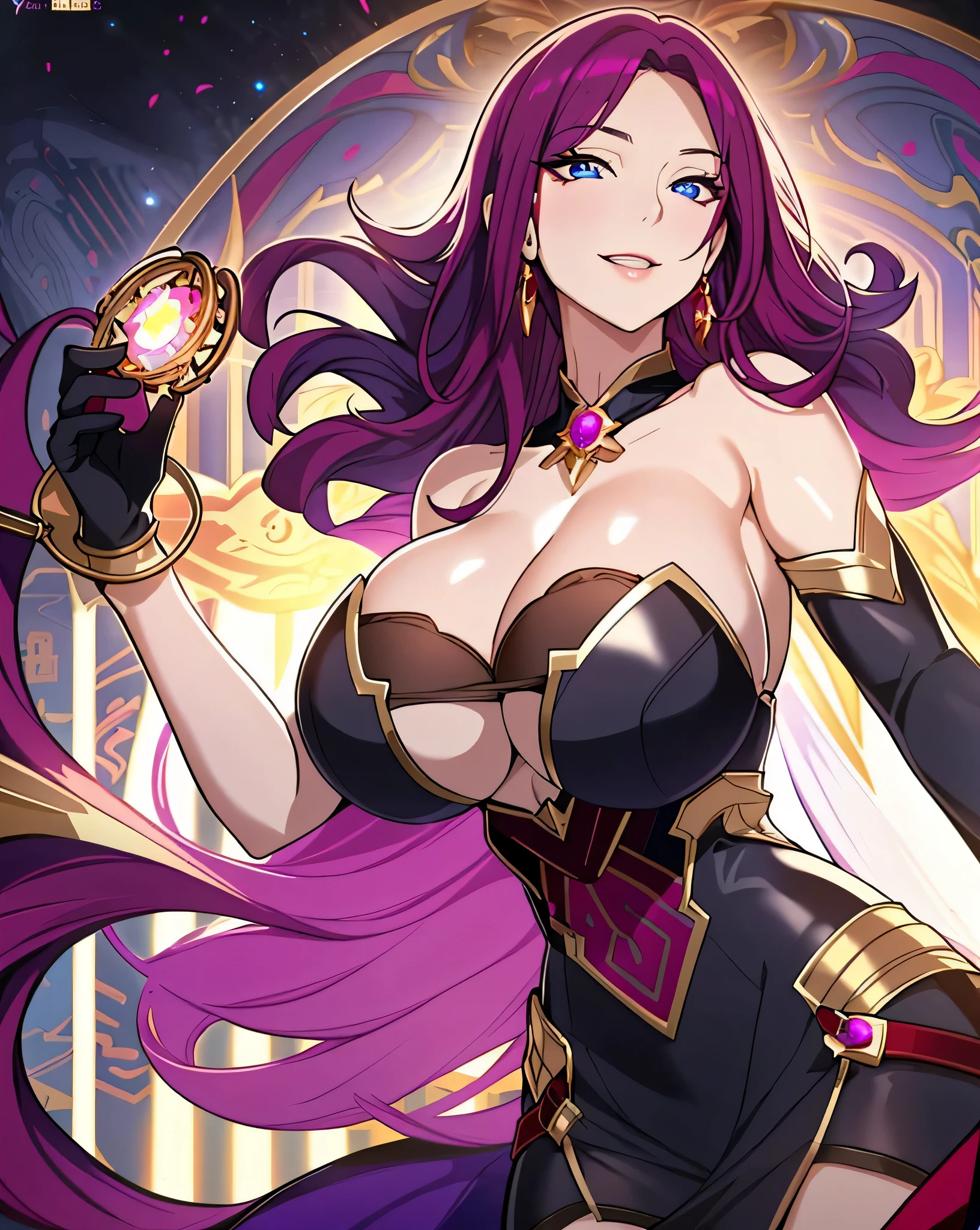 Lian, magenta hair, hair stick, bangs, blue eyes, solo, smiling, standing, upper body, hips, bare shoulders,purple thighhighs, black dress, gold jewelry,armor,gloves,circlet, cleavage, red and gold royal castle, gigantic breasts, (best quality, masterpiece, beautiful and aesthetic:1.2, highest detailed face, perfect face,) eyes, perfect face,expressive eyes,
looking at viewer, in the center of the image,(Upper_body),(Focus on her face),
official art,extremely detailed CG unity 8k wallpaper, perfect lighting,Colorful, Bright_Front_face_Lighting,shiny skin,
(masterpiece:1.0),(best_quality:1.0), ultra high res,4K,ultra-detailed