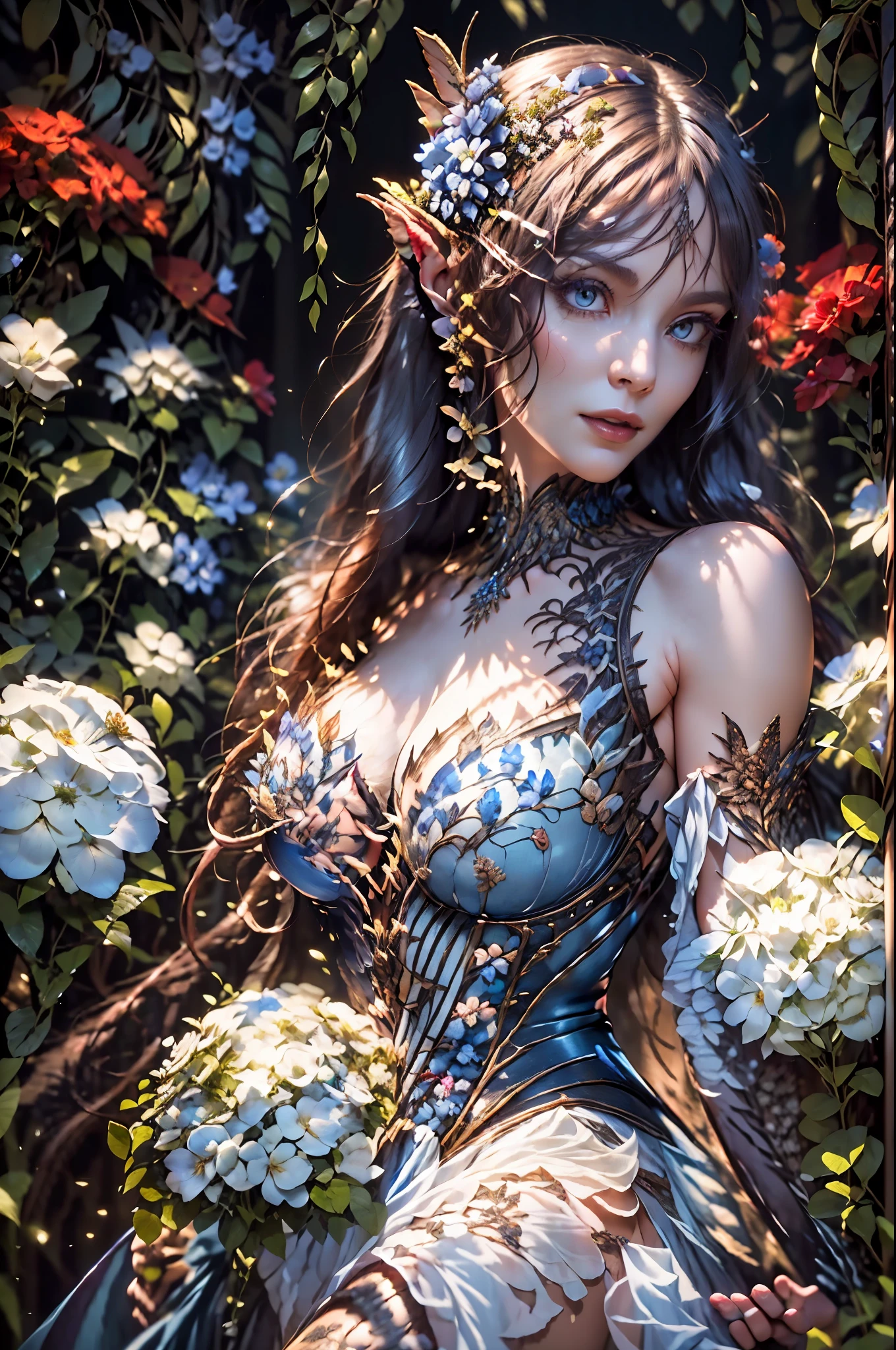 high details, best quality, 16k, RAW, [best detailed], masterpiece, best quality, (extremely detailed), full body, ultra wide shot, photorealistic, dark fantasy art, goth art, RPG art, D&D art, a picture of a dark female fairy resting in a flower meadow, extremely beautiful fairy, ultra feminine (intense details, Masterpiece, best quality), best detailed face (intense details, Masterpiece, best quality), having wide butterfly wings, spread butterfly wings (intense details, Masterpiece, best quality), dark colors wings (intense details, Masterpiece, best quality), black hair, long hair, shinning hair, flowing hair, shy smile, innocent smile, blue eyes, dark red lips, wearing [red] dress latex corset (intense details, Masterpiece, best quality), dynamic elegant shirt, chocker, wearing high heels, in dark colored flower meadow (intense details, Masterpiece, best quality), (red flowers: 1.2) , (black flowers: 1.2), (white flowers: 1.2), (blue flowers: 1.3) [extreme many flowers] (intense details, Masterpiece, best quality), dark colorful flowers (intense details, Masterpiece, best quality), flower meadow in a dark goth field background, dim light, cinematic light, High Detail, Ultra High Quality, High Resolution, 16K Resolution, Ultra HD Pictures, 3D rendering Ultra Realistic, Clear Details, Realistic Detail, Ultra High Definition, DonMF41ryW1ng5XL