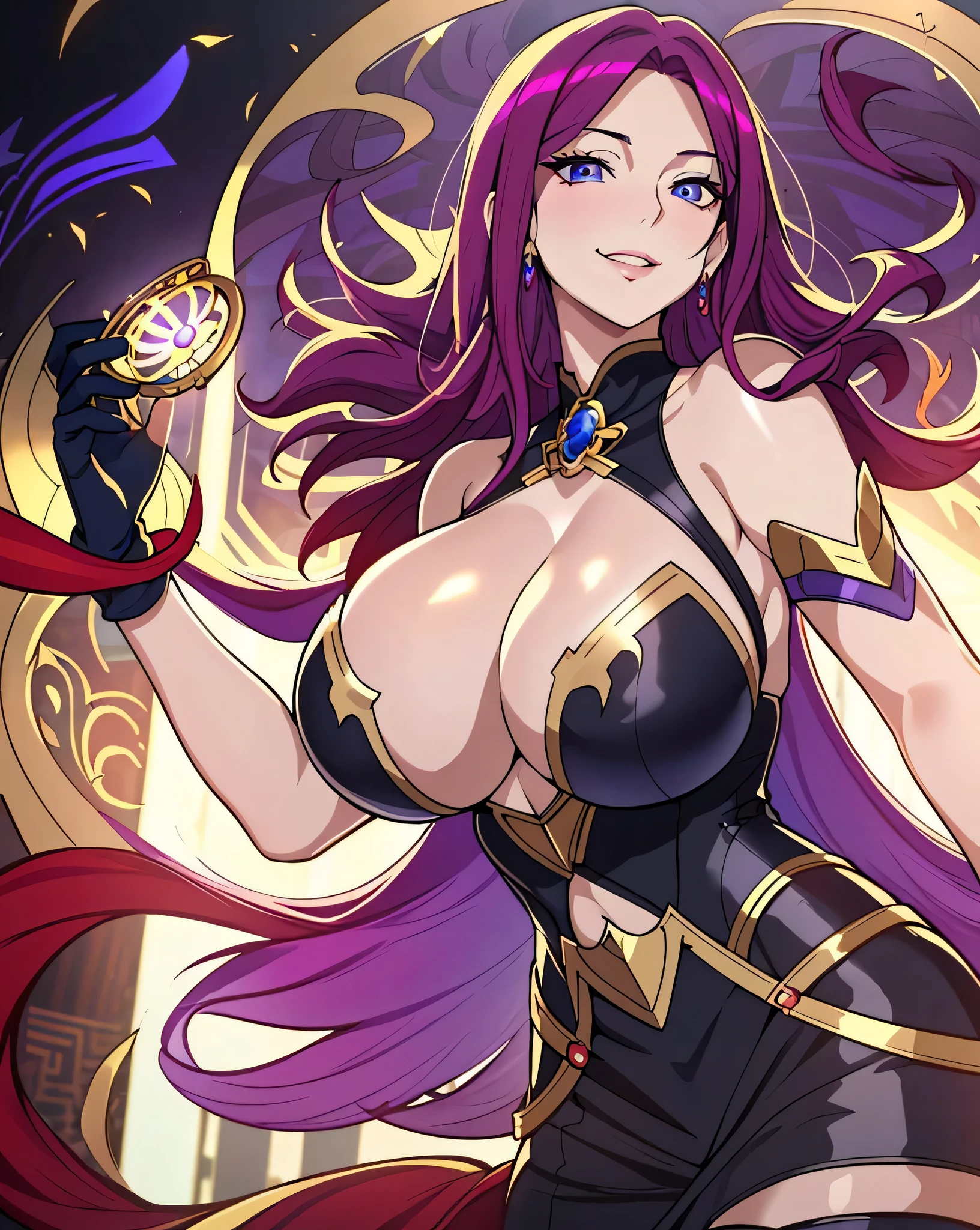 Lian, magenta hair, hair stick, bangs, blue eyes, solo, smiling, standing, upper body, hips, bare shoulders,purple thighhighs, black dress, gold jewelry,armor,gloves,circlet, cleavage, red and gold royal castle, gigantic breasts, (best quality, masterpiece, beautiful and aesthetic:1.2, highest detailed face, perfect face,)  eyes, perfect face,expressive eyes,
looking at viewer, in the center of the image,(Upper_body),(Focus on her face),
official art,extremely detailed CG unity 8k wallpaper, perfect lighting,Colorful, Bright_Front_face_Lighting,shiny skin, 
(masterpiece:1.0),(best_quality:1.0), ultra high res,4K,ultra-detailed
