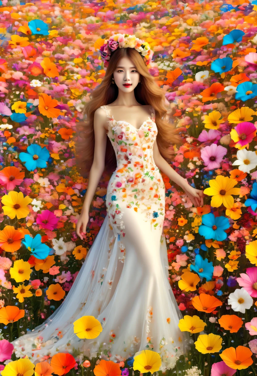 Ridiculous, high resolution, super detailed, (girl:1.3), Put on a wedding dress,(Design flower field scene, With blooming flowers, bright colors, and the feeling of growth and renewal.:1.4),Dream,Sweet,happiness