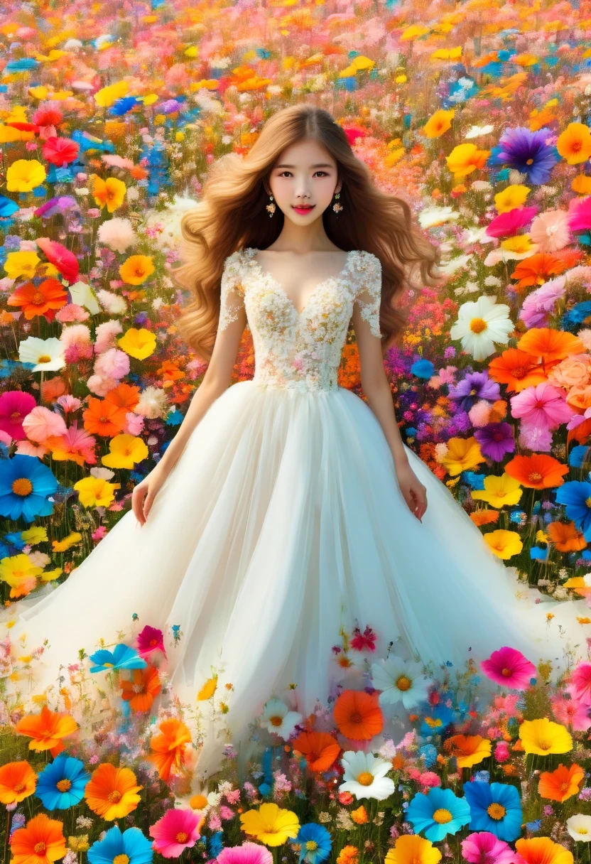 Ridiculous, high resolution, super detailed, (girl:1.3), Put on a wedding dress,(Design flower field scene, With blooming flowers, bright colors, and the feeling of growth and renewal.:1.4),Dream,Sweet,happiness
