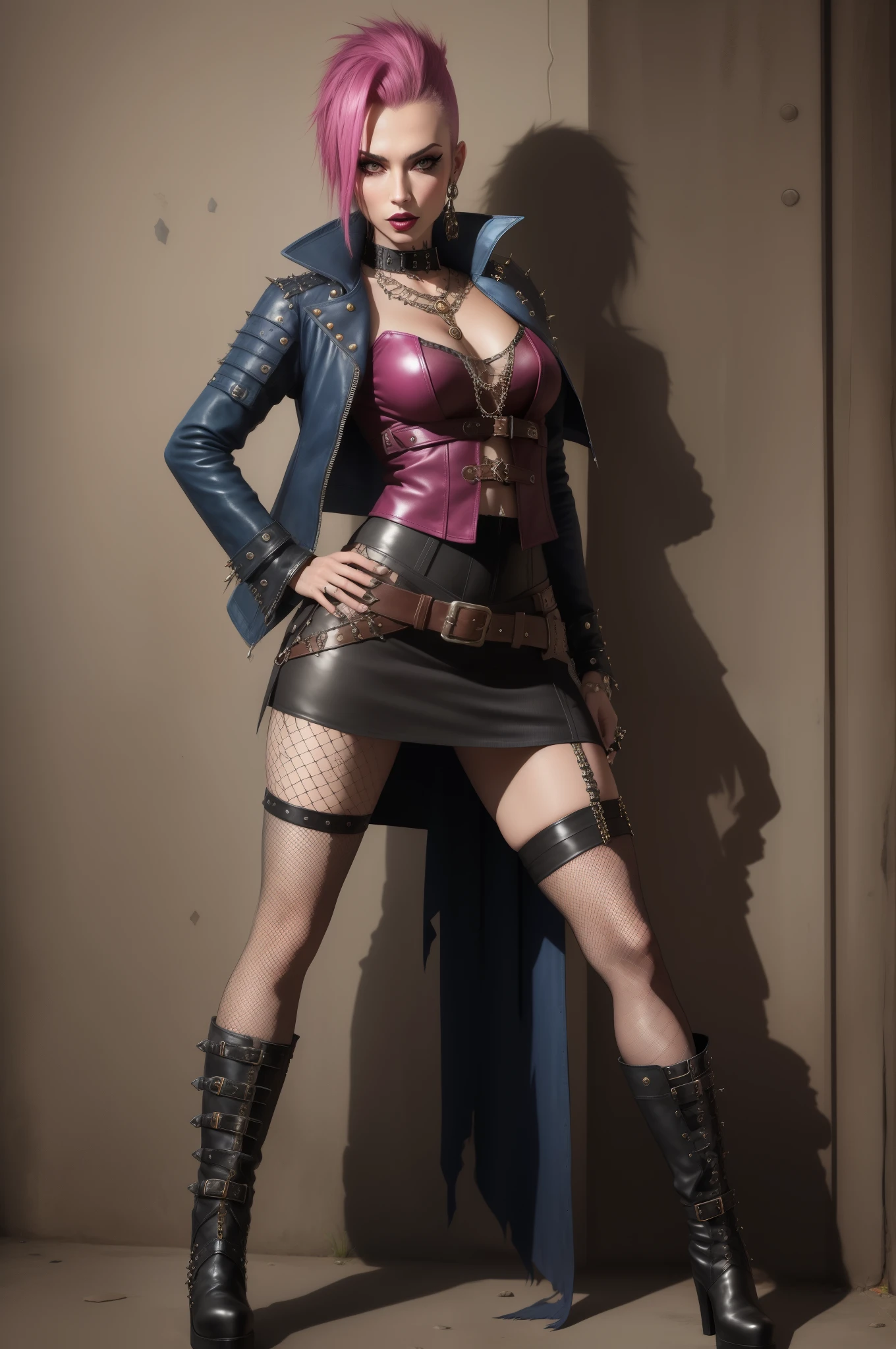 punk sorceress, standing, boots, fishnet stockings, mini skirt