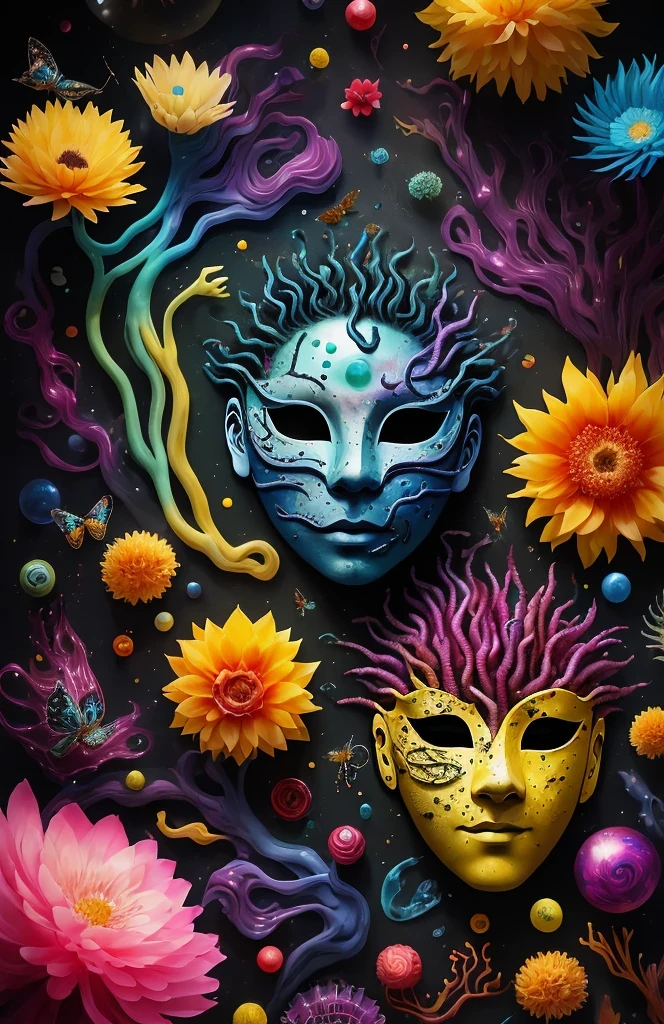 3d mask with various ordinary objects on it,spiky blonde hair,texture, complicated, Dreams bloom like flowers，ayahuasca，old tree，bubble，small fish，Gorgeous, shadow, pastel colors, 3d, mask, Very detailed, Deco, tim burton, salvador dali, Cheng Xiaolong, Cyril Rolando, inspired by J. d. lasso, 3d stereoscopic，pop color style, Portrait photo surrounded by orbiting planetary satellites, green hair spiky hair, make me jealous, Mark Leyden, Alberto Seveso, creek shade, Anna Dietman, Flora Bossi, 8k resolution, perfect composition, Milky Way, rainbow colors, flying insects, scales, wing, blue, texture, complicated, Gorgeous, shadow, pastel colors,mask， 3d, Very detailed, Deco, tim burton, Dale Chihuly, Xiaolongcheng, Cyril Rolando, by J. Jitter，flower sky，artwork，display stand，sculpture，Craftsmanship，artwork，