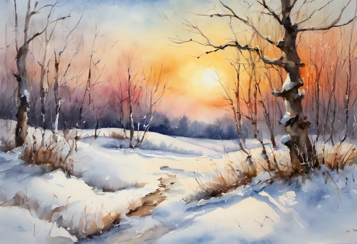 create an artwork of a winter landscape similar to the one in Frank Kecskes paintings, sunny day, bright sky