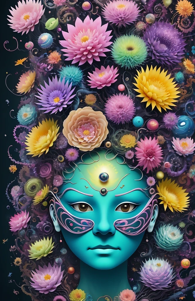 3d mask with various ordinary objects on it,spiky blonde hair,texture, complicated, Dreams bloom like flowers，ayahuasca，old tree，bubble，small fish，Gorgeous, shadow, pastel colors, 3d, mask, Very detailed, Deco, tim burton, salvador dali, Cheng Xiaolong, Cyril Rolando, inspired by J. d. lasso, 3d stereoscopic，pop color style, Portrait photo surrounded by orbiting planetary satellites, green hair spiky hair, make me jealous, Mark Leyden, Alberto Seveso, creek shade, Anna Dietman, Flora Bossi, 8k resolution, perfect composition, Milky Way, rainbow colors, flying insects, scales, wing, blue, texture, complicated, Gorgeous, shadow, pastel colors,mask， 3d, Very detailed, Deco, tim burton, Dale Chihuly, Xiaolongcheng, Cyril Rolando, by J. Jitter，flower sky，artwork，display stand，sculpture，Craftsmanship，artwork，