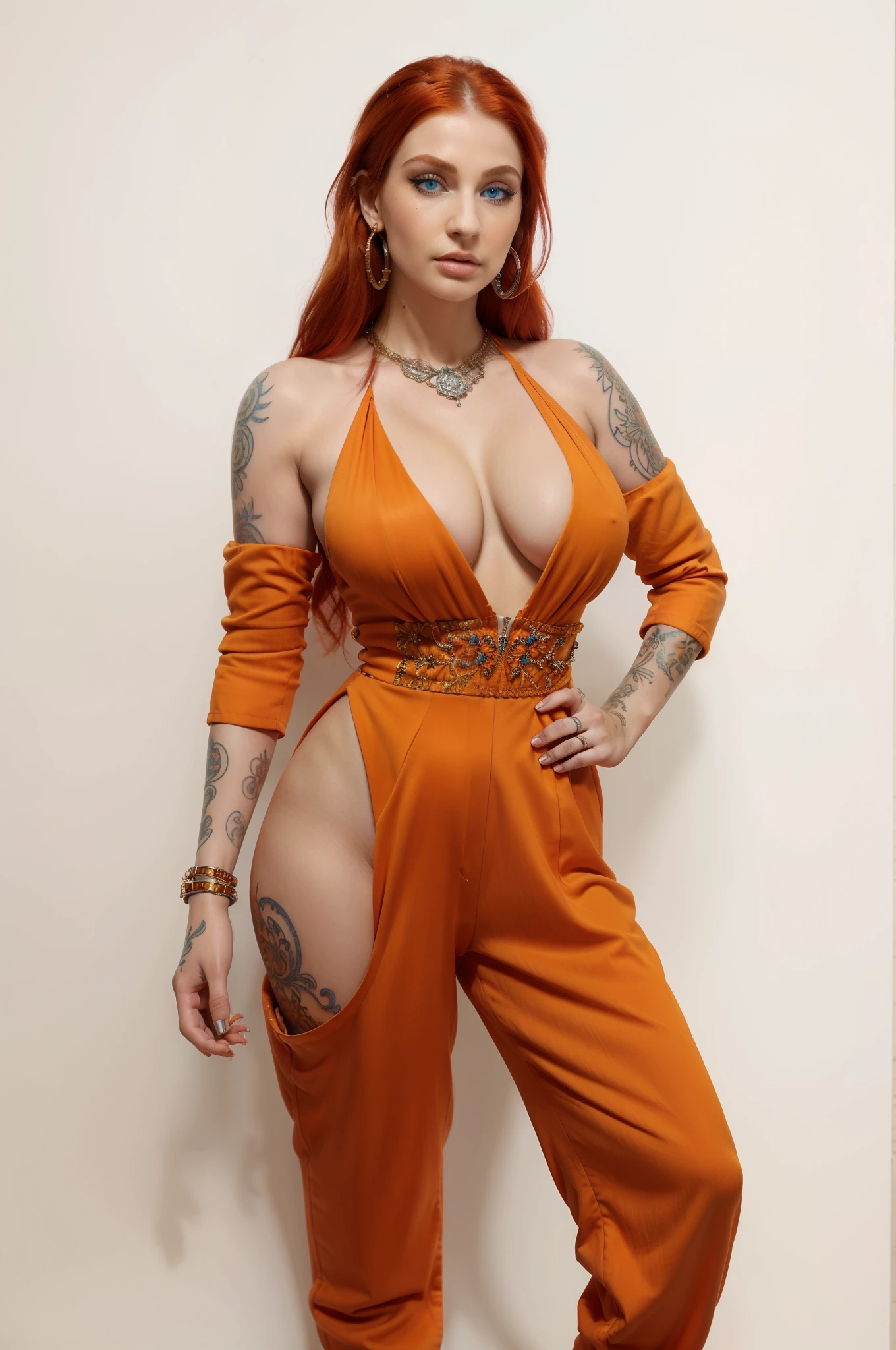 nose piercing, standing, jewelry, orange jumpsuit (insanely detailed, beautiful detailed face, masterpiece, best quality), cleavage, piercing blue eyes, full body shot, blank background, white background, red hair, elaborate tattoos
