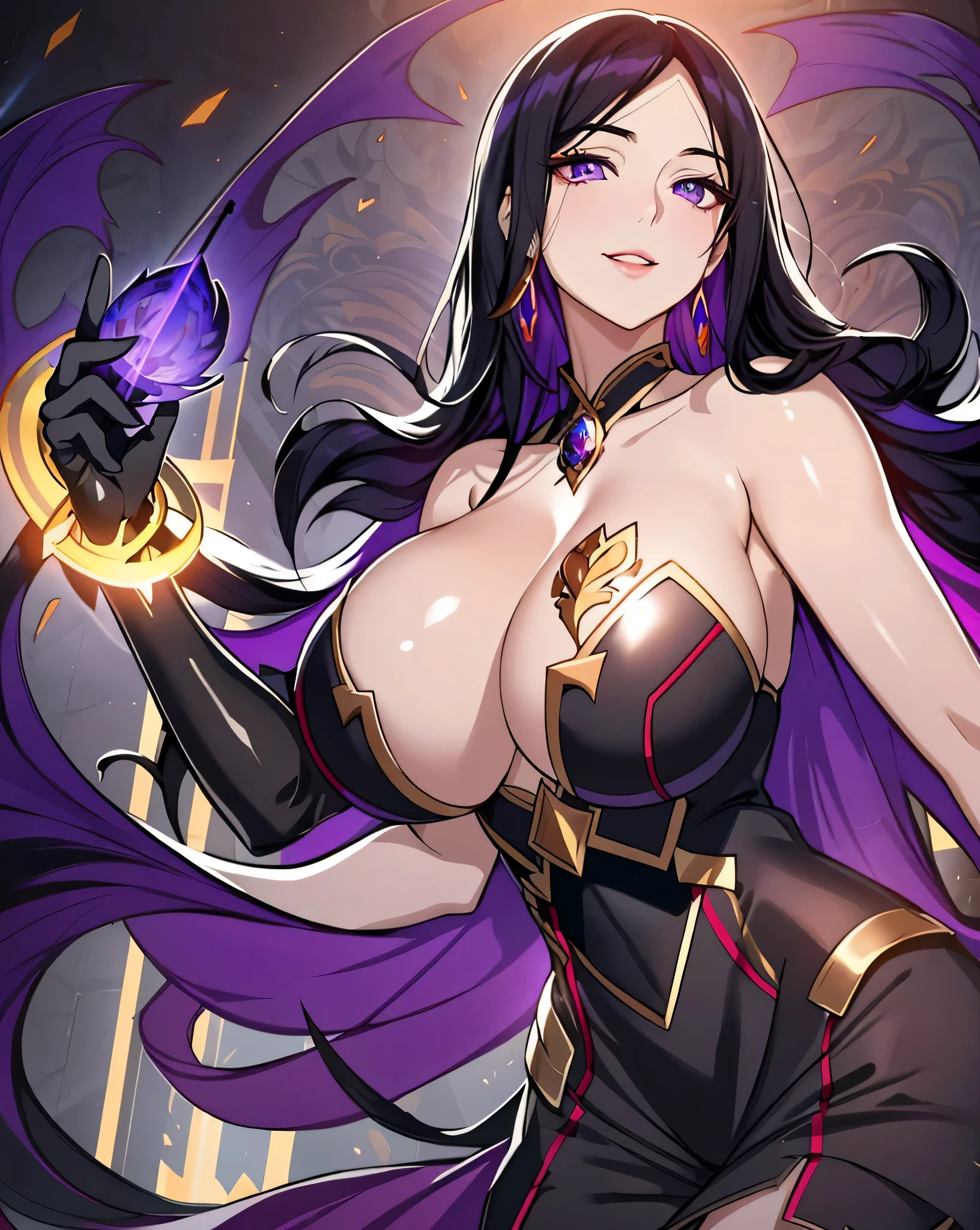 Lian, long black hair, hair stick, bangs, violet eyes, solo, smiling, standing, upper body, hips, bare shoulders,purple thighhighs,violet dress, gold jewelry,armor,gloves,circlet, cleavage, red and gold royal castle, gigantic breasts, (best quality, masterpiece, beautiful and aesthetic:1.2, highest detailed face, perfect face,)  eyes, perfect face,expressive eyes,
looking at viewer, in the center of the image,(Upper_body),(Focus on her face),
official art,extremely detailed CG unity 8k wallpaper, perfect lighting,Colorful, Bright_Front_face_Lighting,shiny skin, 
(masterpiece:1.0),(best_quality:1.0), ultra high res,4K,ultra-detailed
