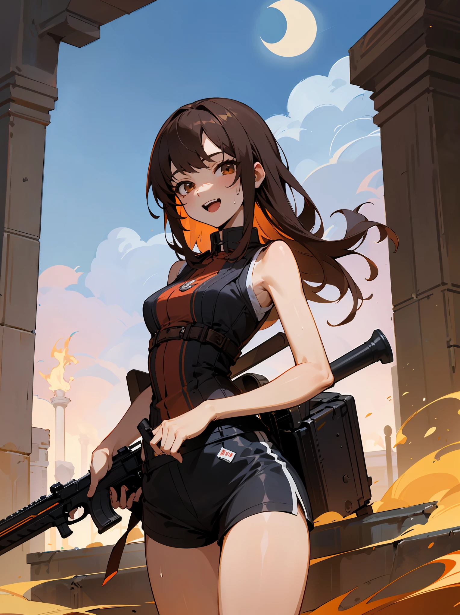 ((fine lineart)), (masterpiece,best Quality),extremely beautiful detai led anime face and eyes,cowboy shot,gal.safetensors,20-year-old、Beauty,monster hunter、solo, brown hair,long hair,brown eyes,won、A relaxed smile and a small open mouth、slender body,very small head、medium breasts,brown skin,gleaming skin,oily skin,shiny skin,sweat,Run,(Black combat uniform,black tactical vest、sleeveless),carry an automatic rifle、black Micromini shorts,burning ground、ancient ruins of central and south america、ancient stone architecture、moonlight、at night、